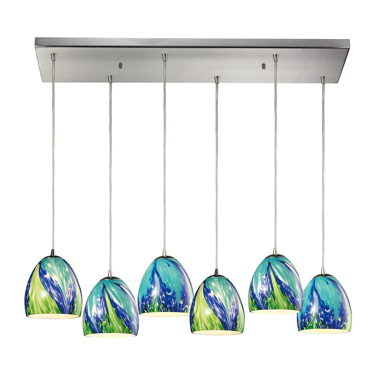 ELK Lighting 31445/6RC-TB Colorwave 6-Light Rectangular Pendant Fixture in Satin Nickel with Blue and Green Glass