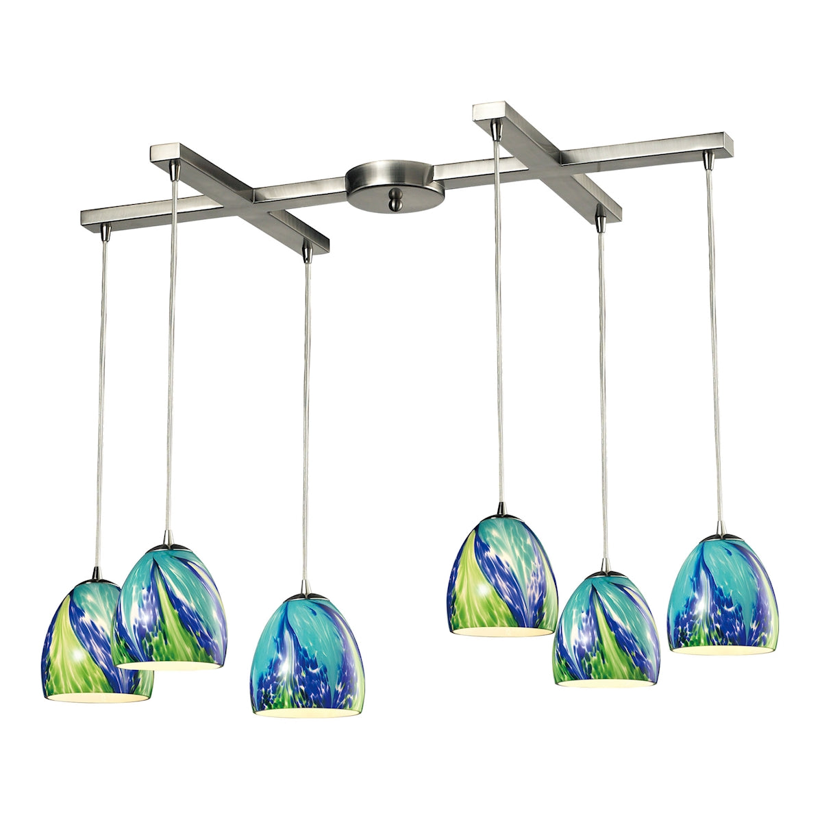 ELK Lighting 31445/6TB Colorwave 6-Light H-Bar Pendant Fixture in Satin Nickel with Blue and Green Glass