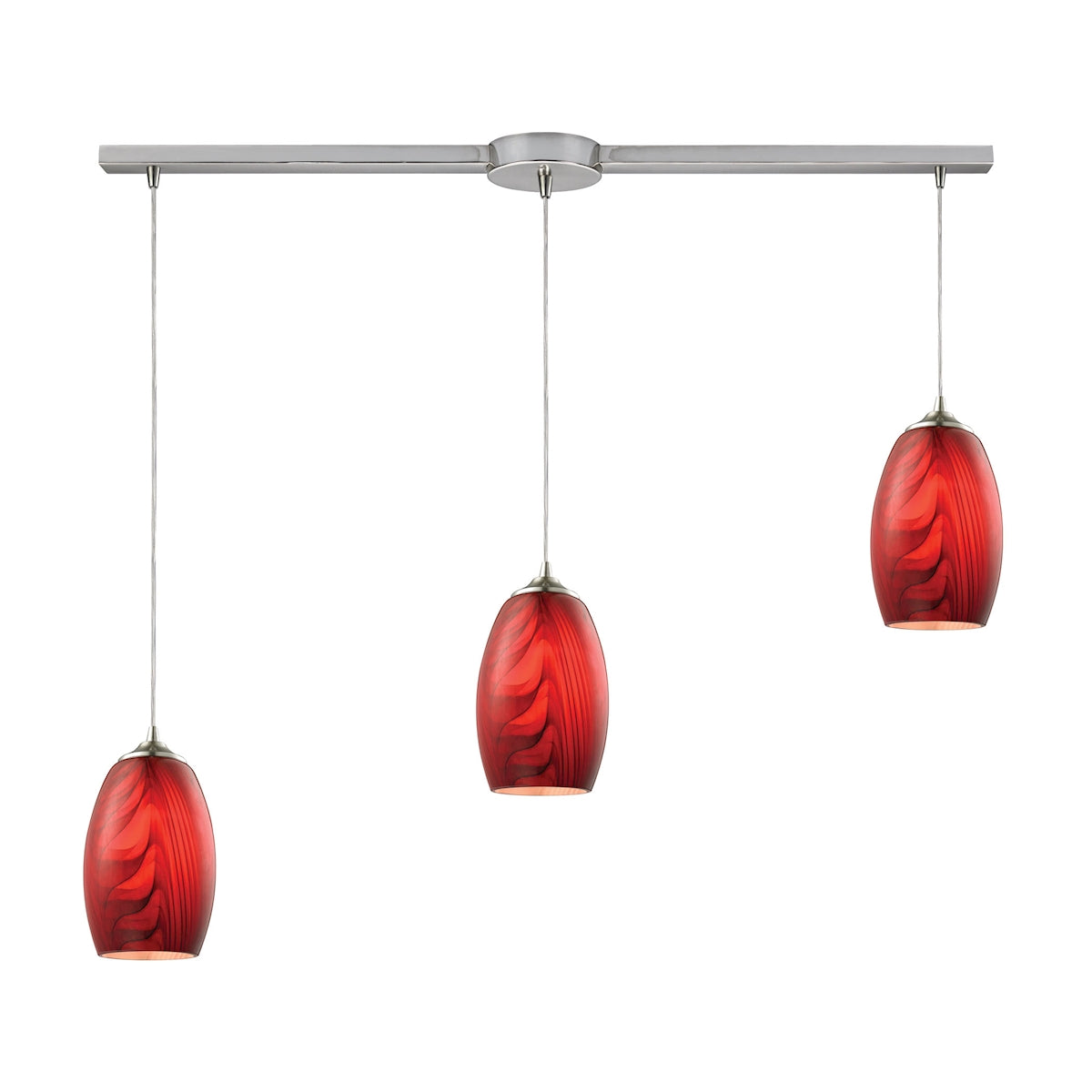 ELK Lighting 31610/3L Tidewaters 3-Light Linear Pendant Fixture in Satin Nickel with Ruby Glass