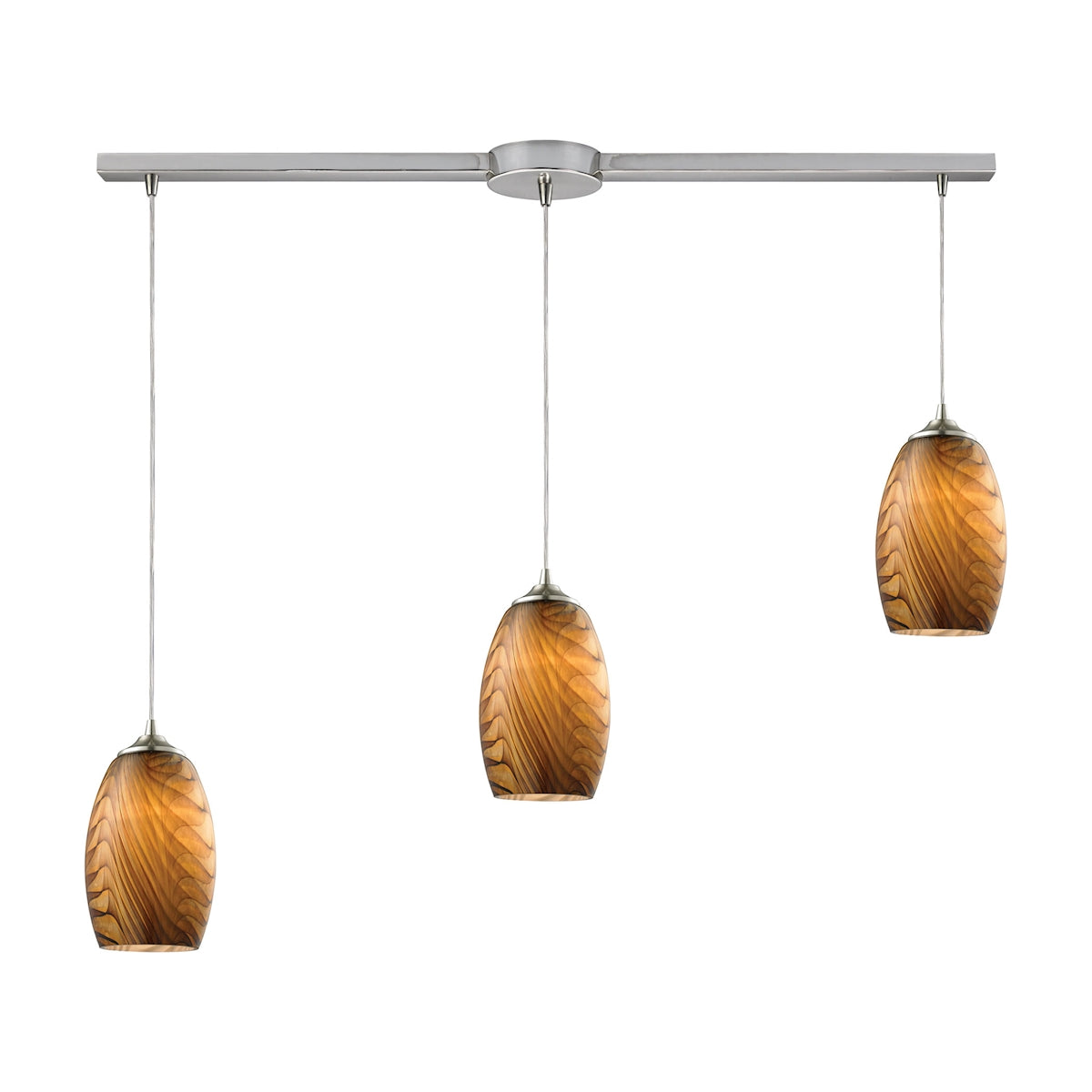 ELK Lighting 31630/3L Tidewaters 3-Light Linear Pendant Fixture in Satin Nickel with Amber Glass