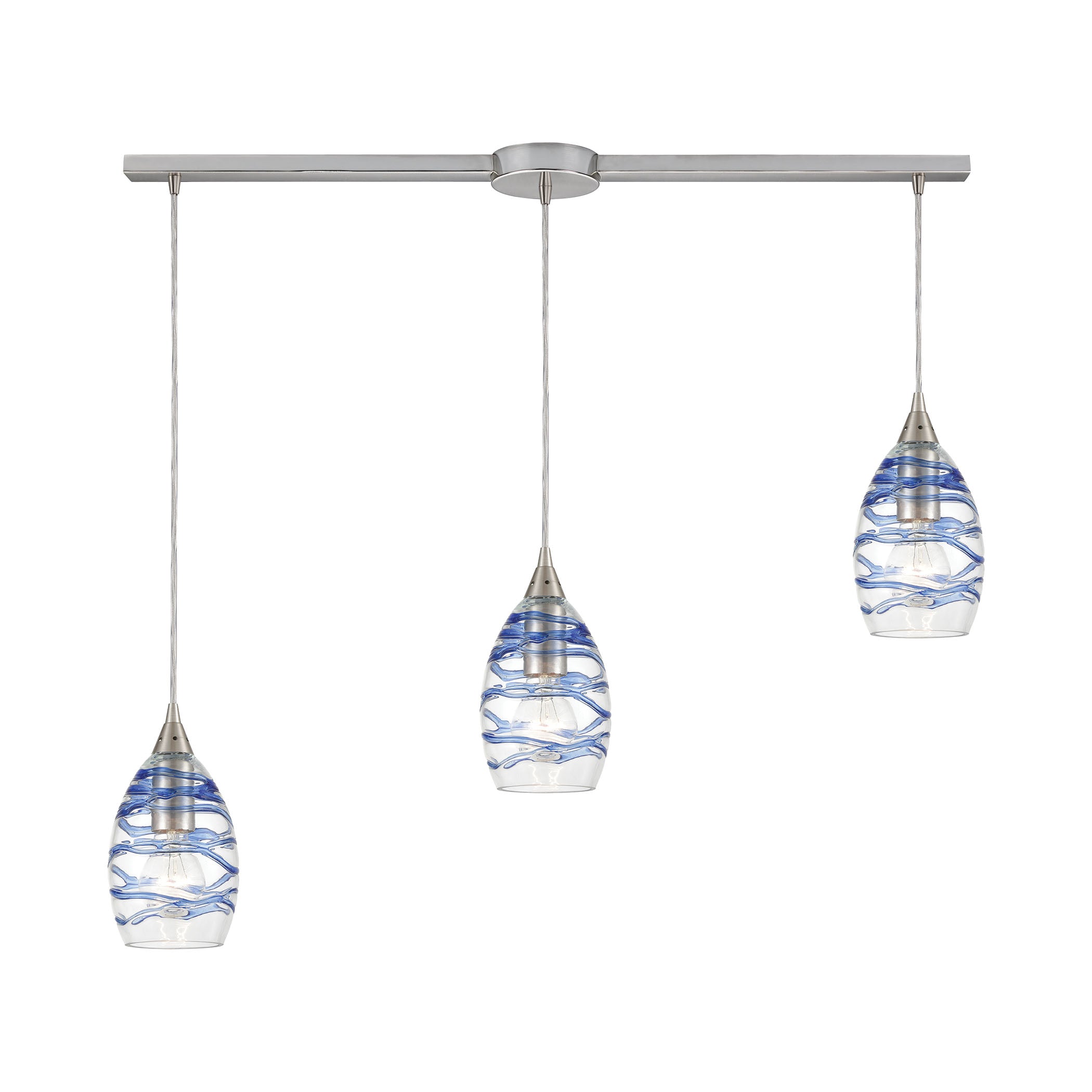ELK Lighting 31742/3L Vines 3-Light Linear Mini Pendant Fixture in Satin Nickel with Clear Glass with Aqua Blue Strip