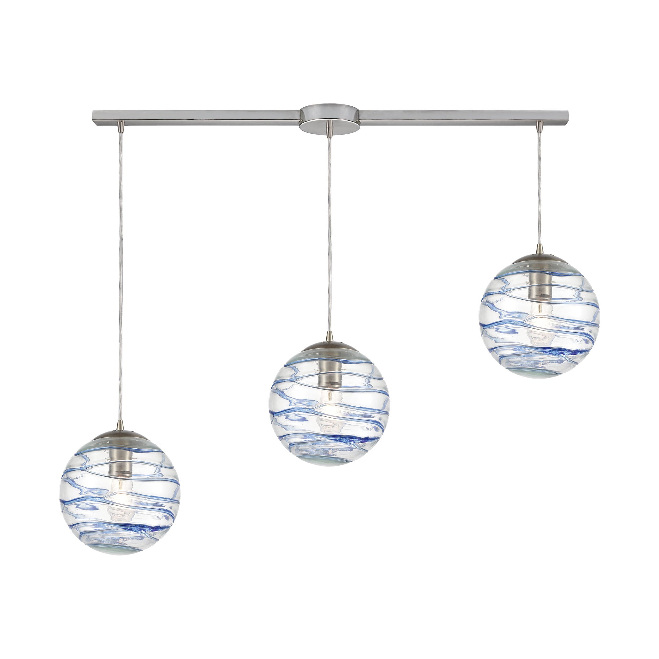 ELK Lighting 31743/3L Vines 3-Light Linear Mini Pendant Fixture in Satin Nickel with Clear Glass with Aqua Blue Strip