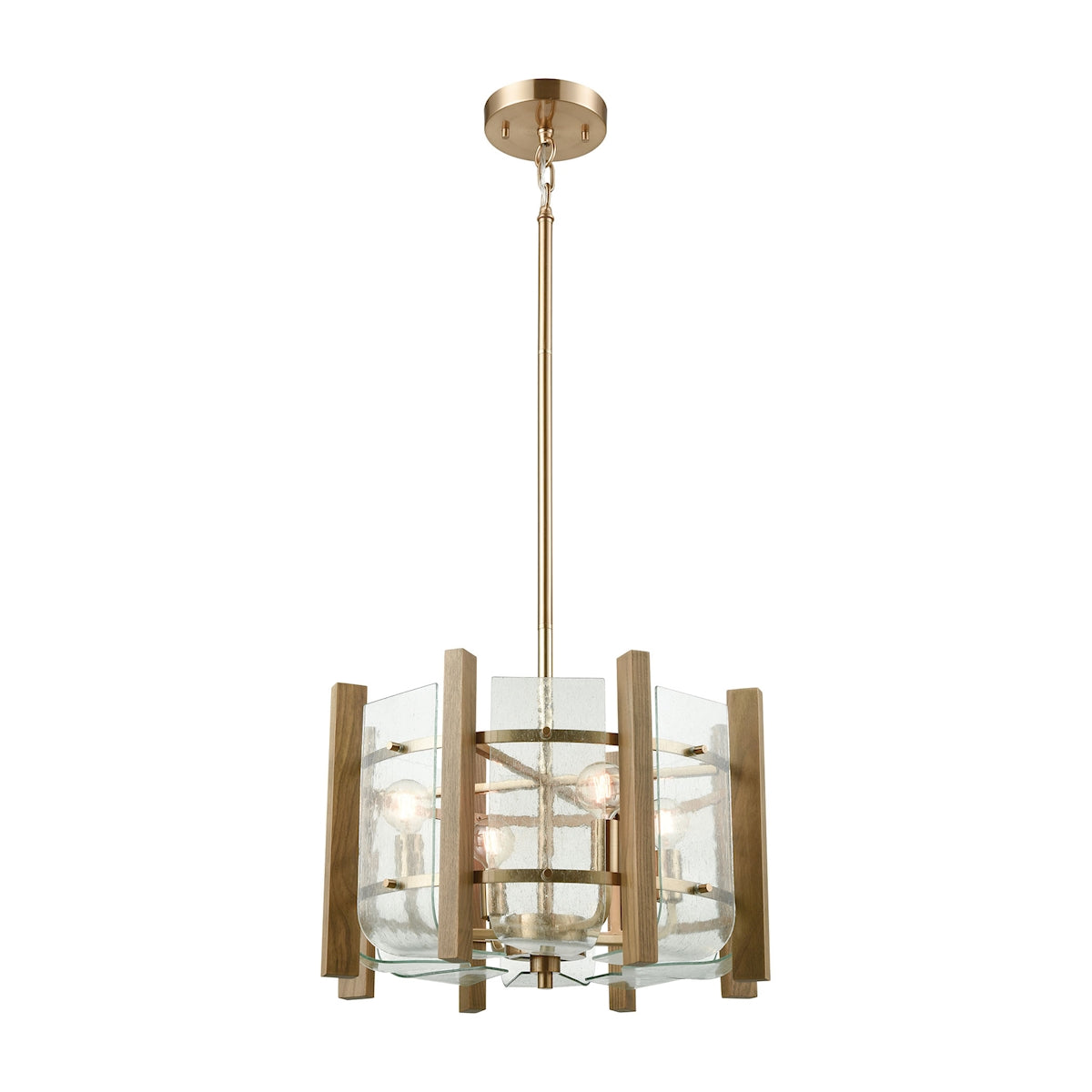 ELK Lighting 32333/4 Vindalia 4-Light Chandelier in Satin Brass with Wood Slats and Curved Glass
