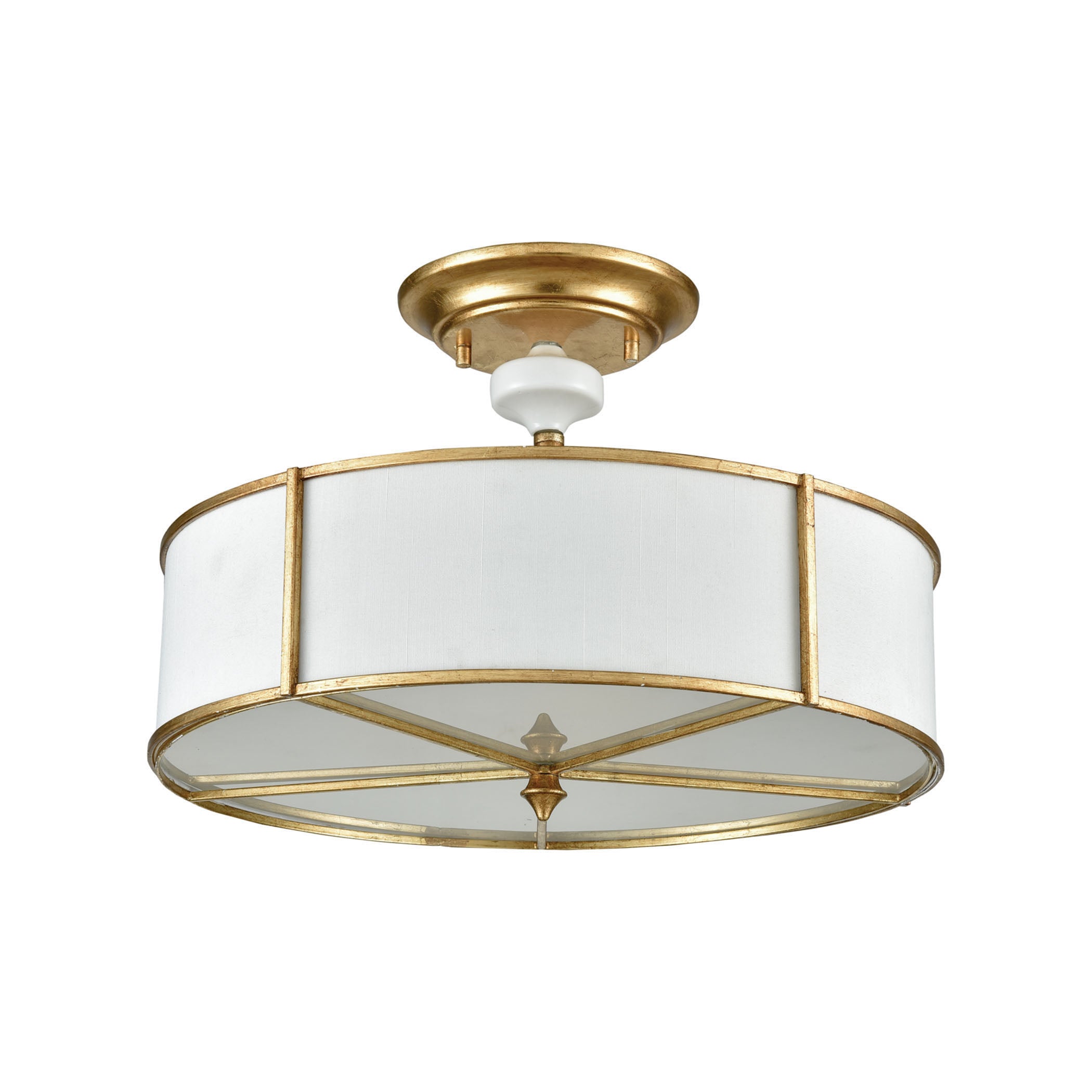 ELK Lighting 33052/3 Ceramique 3-Light Semi Flush in Antique Gold Leaf with White Fabric Shade and Frosted Diffuser