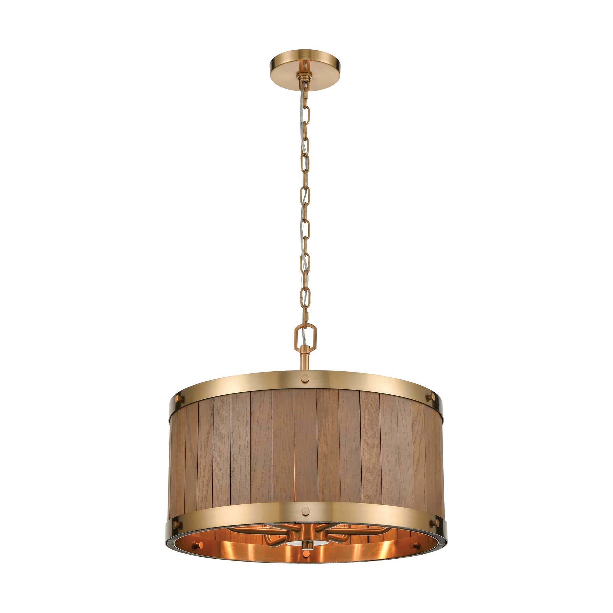 ELK Lighting 33374/6 Wooden Barrel 6-Light Chandelier in Satin Brass with Slatted Wood Shade in Medium Oak