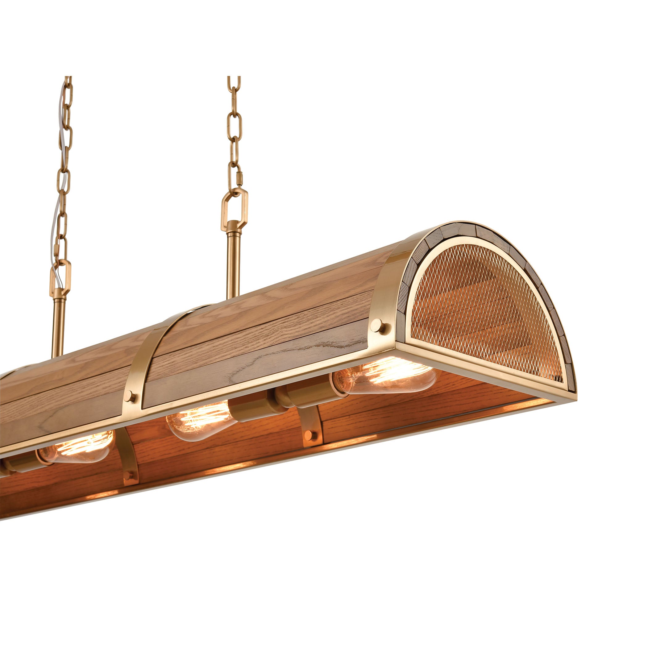 ELK Lighting 33375/4 Wooden Barrel 4-Light Island Light in Satin Brass with Slatted Wood Shade in Medium Oak