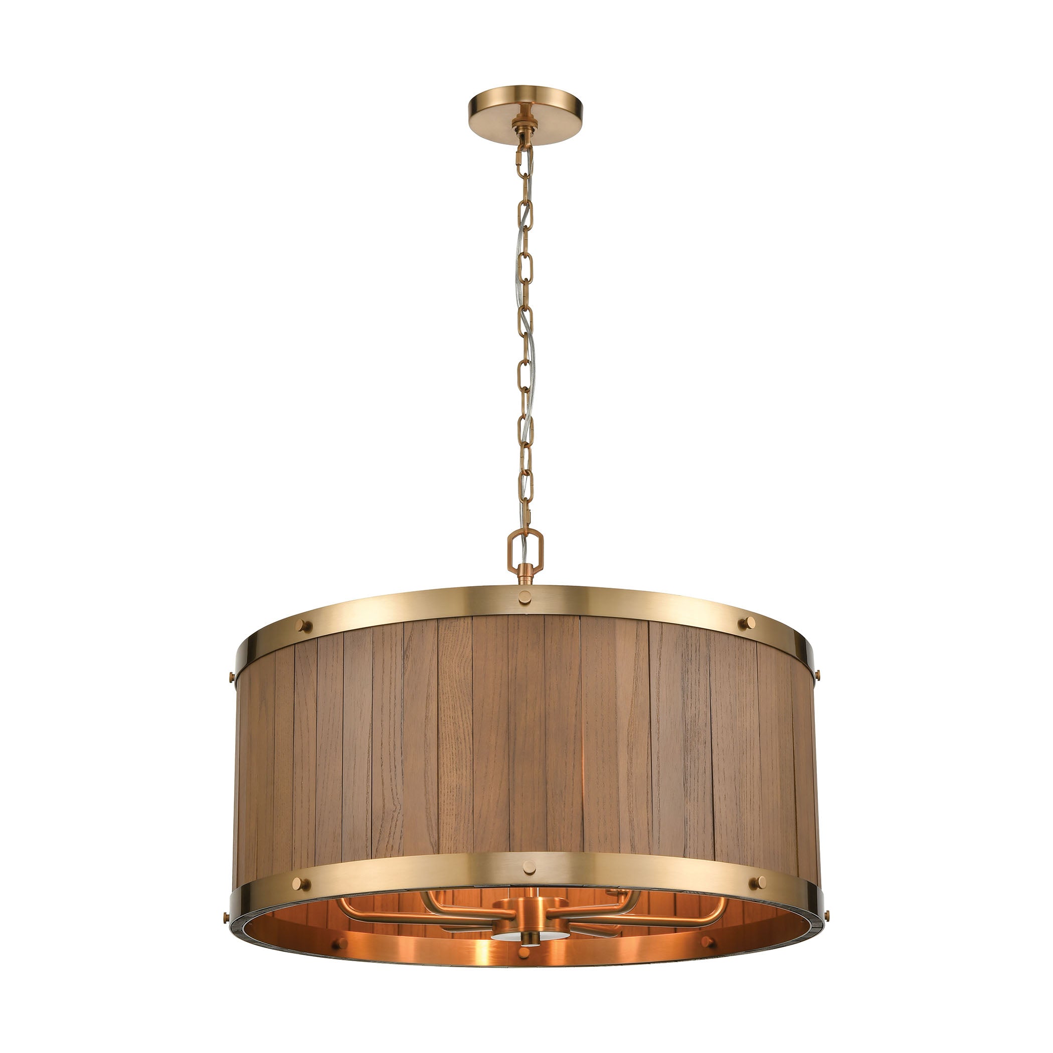 ELK Lighting 33376/6 Wooden Barrel 6-Light Chandelier in Satin Brass with Slatted Wood Shade in Medium Oak