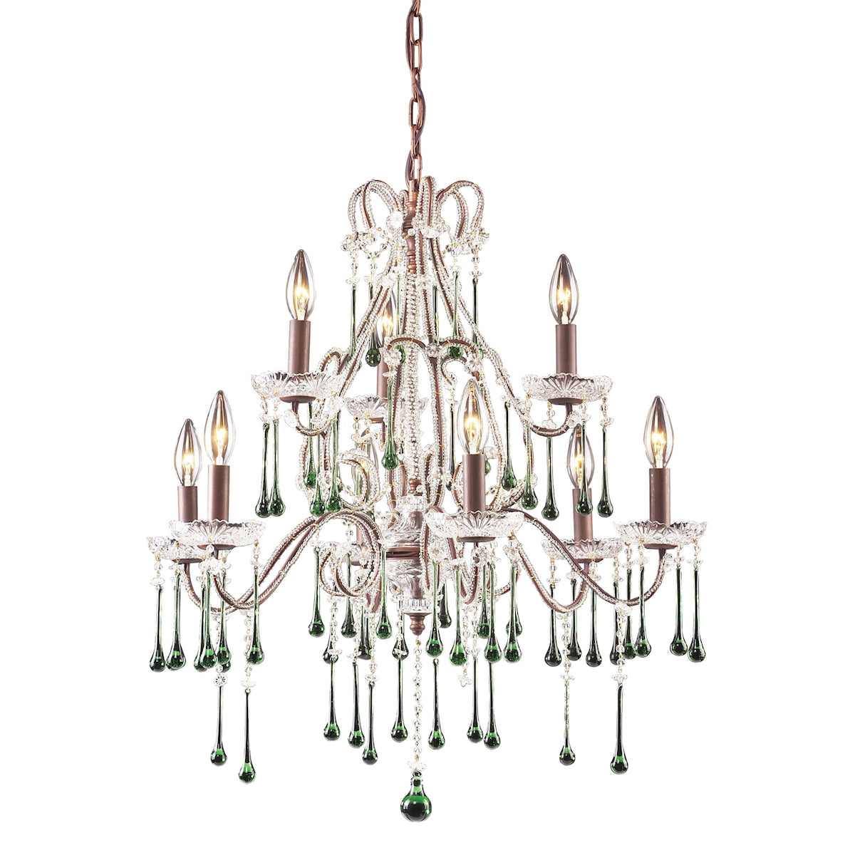 ELK Lighting 4013/6+3LM Opulence 9-Light Chandelier in Rust with Lime Crystals