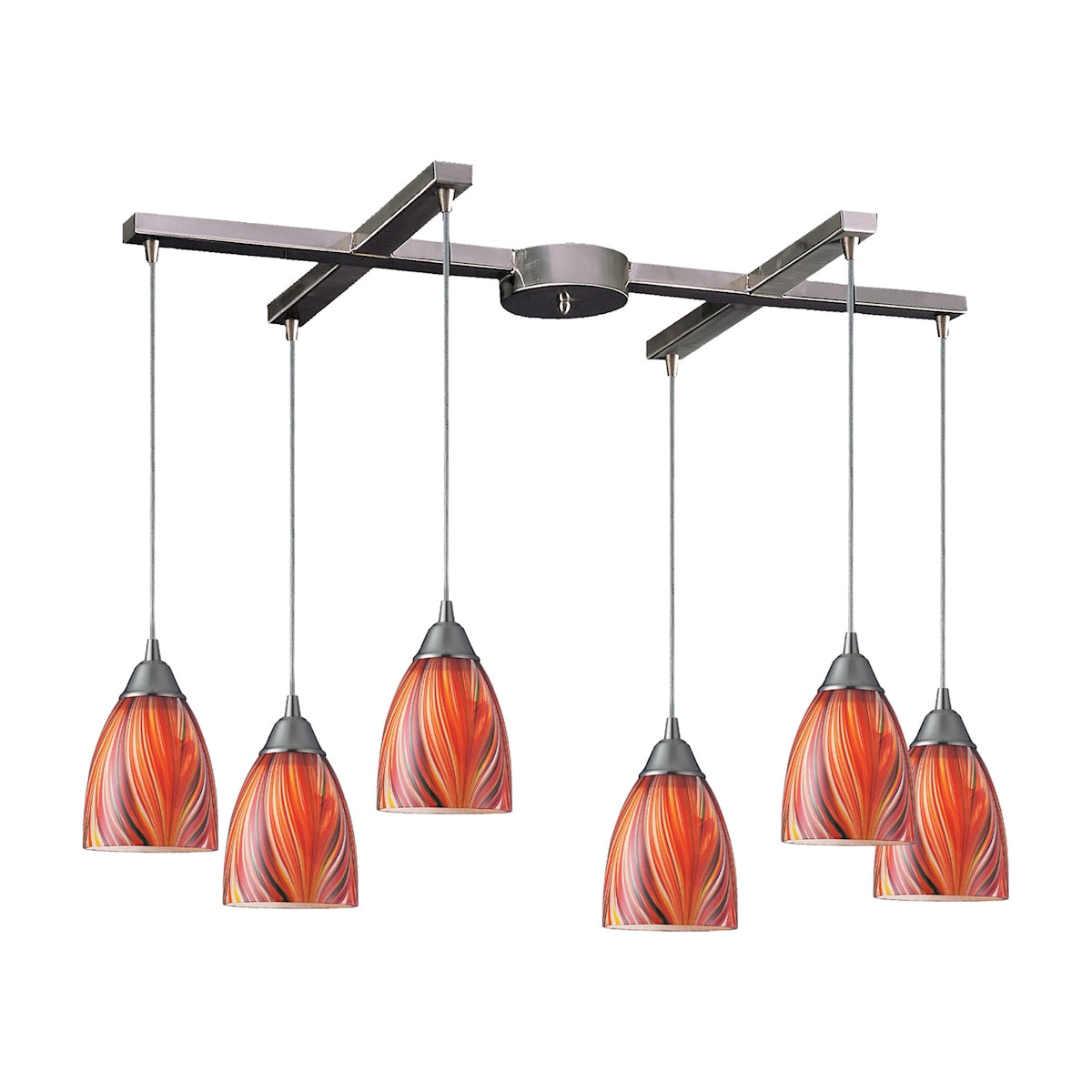 ELK Lighting 416-6M Arco Baleno 6-Light H-Bar Pendant Fixture in Satin Nickel with Multi-colored Glass