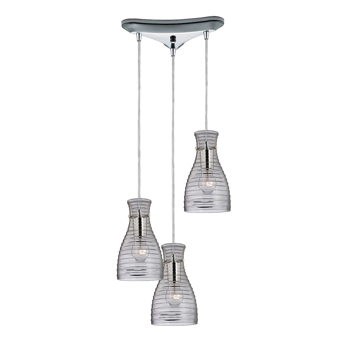 ELK Lighting 46107/3 Strata 3-Light Triangular Pendant Fixture in Polished Chrome with Ribbed Blown Glass