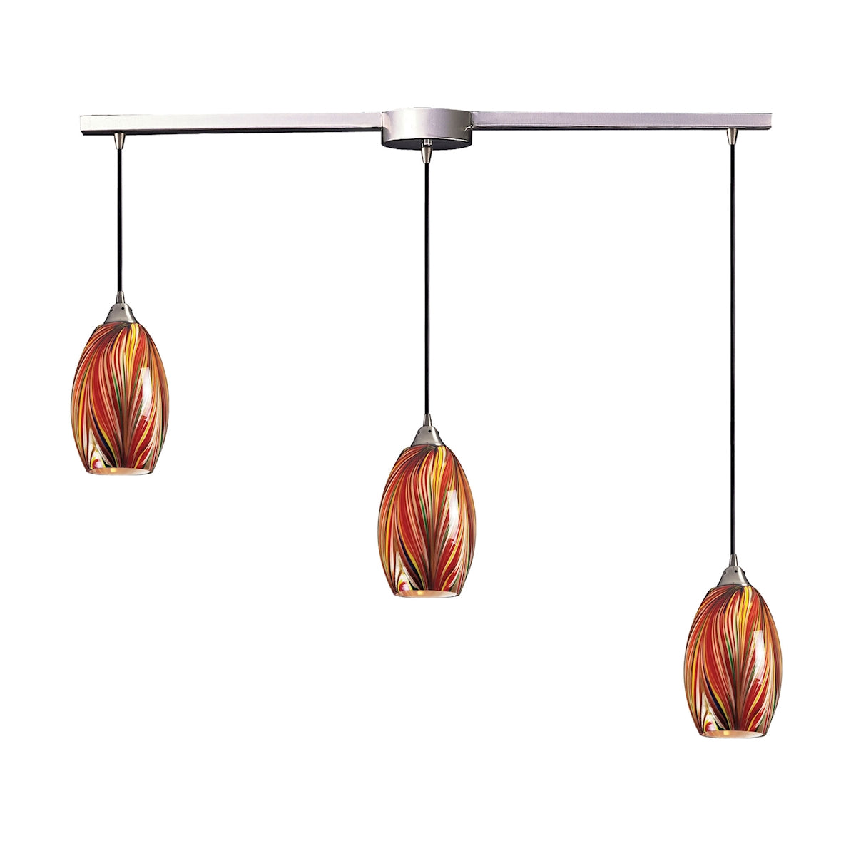 ELK Lighting 517-3L-M Mulinello 3-Light Linear Pendant Fixture in Satin Nickel with Multi-colored Glass