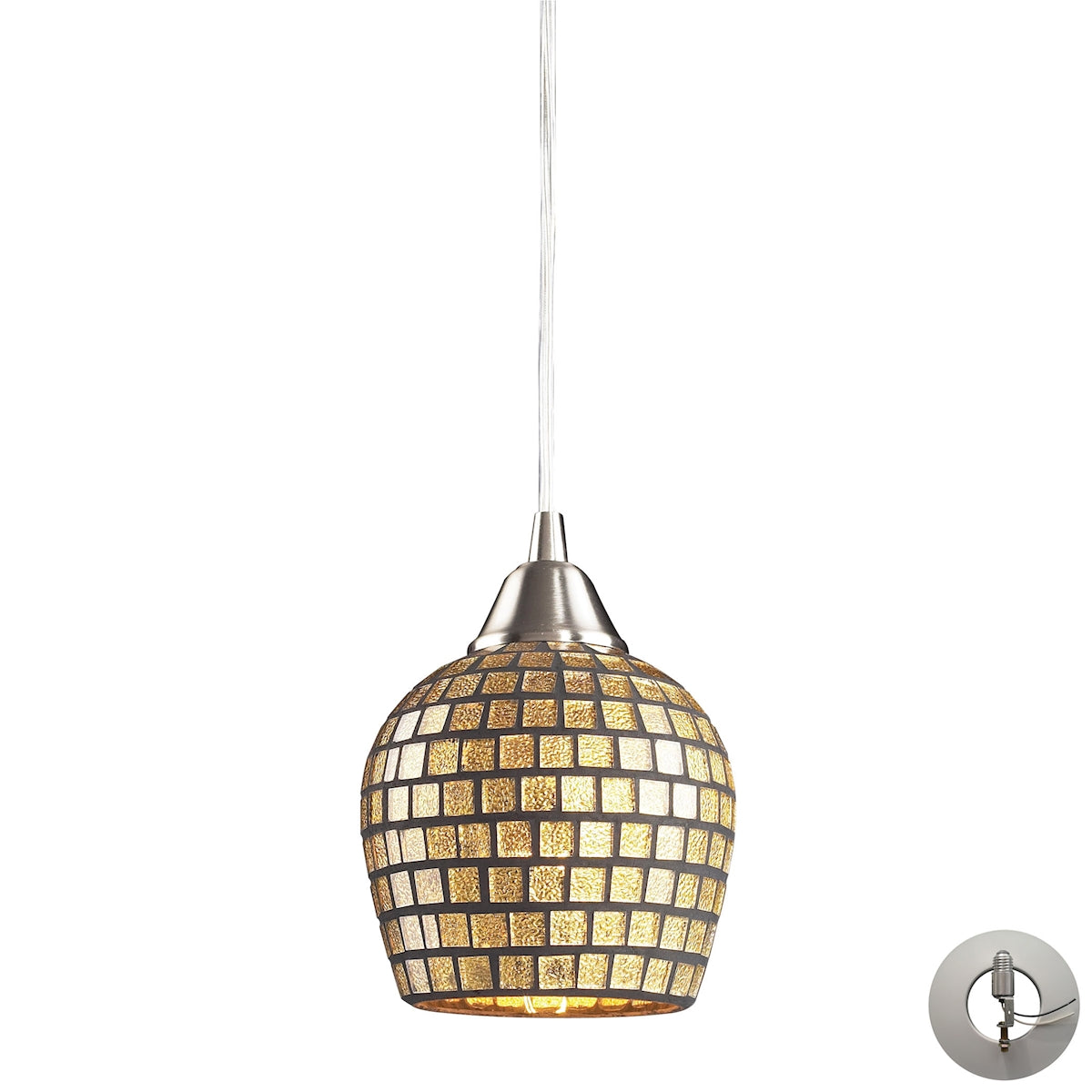 ELK Lighting 528-1GLD-LA Fusion 1-Light Mini Pendant in Satin Nickel with Gold Leaf Mosaic Glass - Includes Adapter Kit