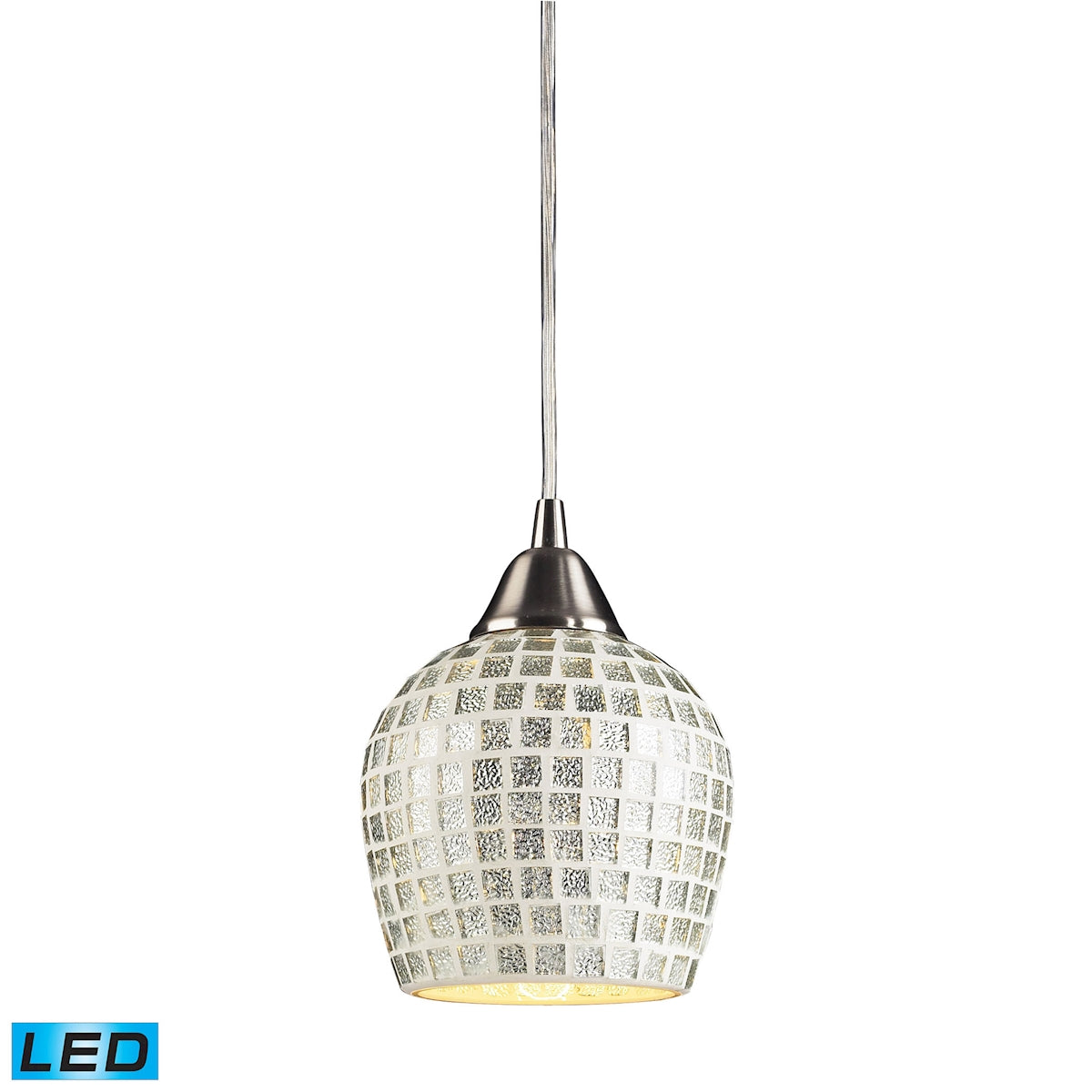 ELK Lighting 528-1SLV-LED Fusion 1-Light Mini Pendant in Satin Nickel with Silver Mosaic Glass - Includes LED Bulb