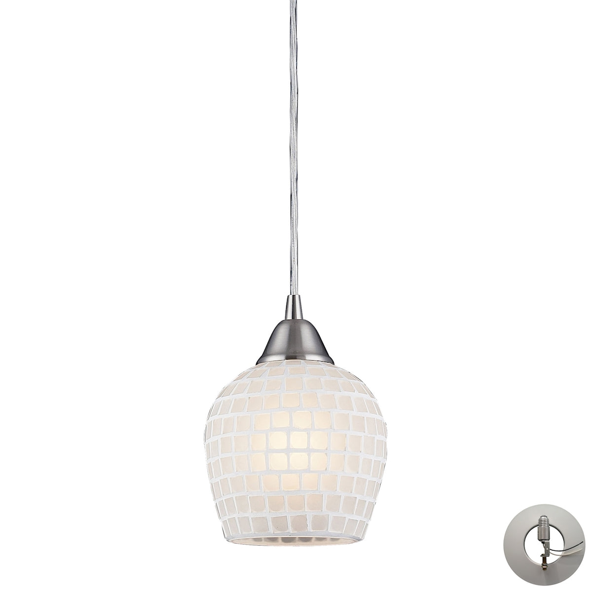 ELK Lighting 528-1WHT-LA Fusion 1-Light Mini Pendant in Satin Nickel with White Mosaic Glass - Includes Adapter Kit