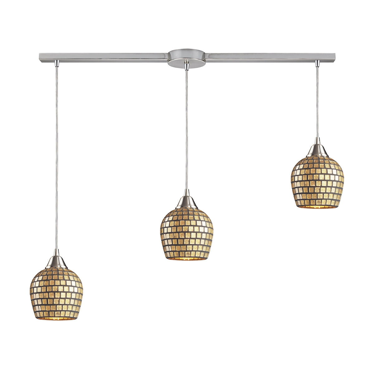 ELK Lighting 528-3L-GLD Fusion 3-Light Linear Pendant Fixture in Satin Nickel with Gold Leaf Mosaic Glass