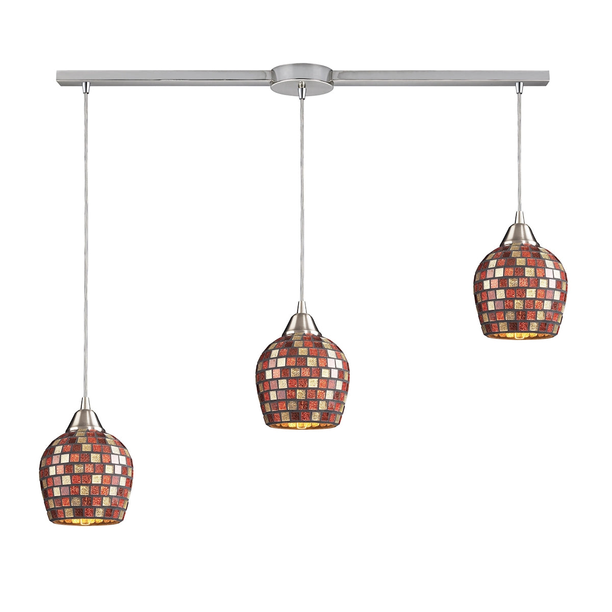 ELK Lighting 528-3L-MLT Fusion 3-Light Linear Pendant Fixture in Satin Nickel with Multi-colored Mosaic Glass