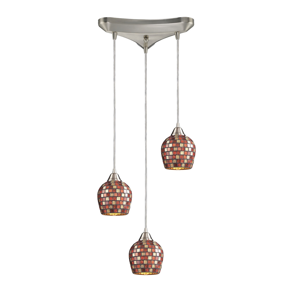 ELK Lighting 528-3MLT Fusion 3-Light Triangular Pendant Fixture in Satin Nickel with Multi-colored Mosaic Glass