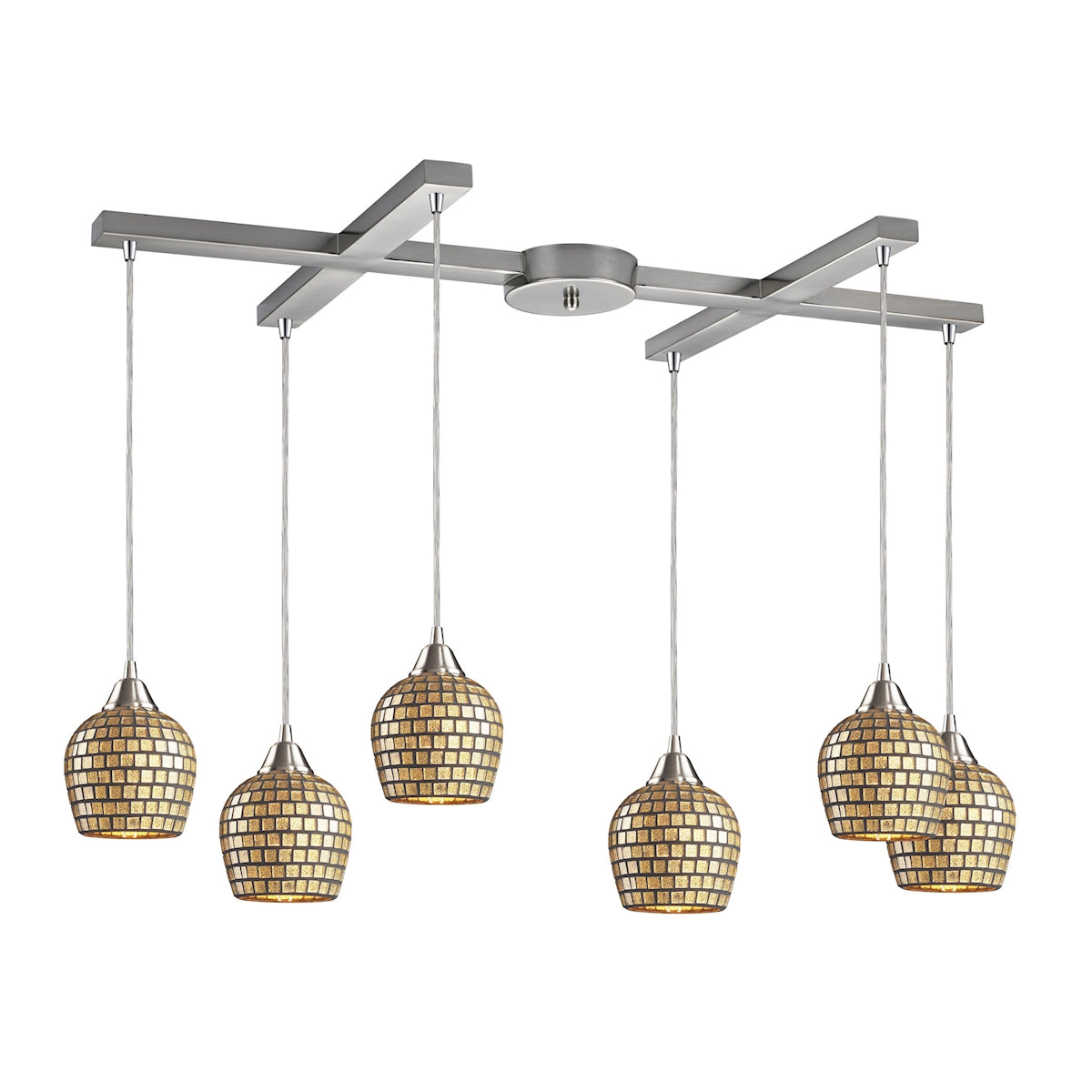 ELK Lighting 528-6GLD Fusion 6-Light H-Bar Pendant Fixture in Satin Nickel with Gold Leaf Mosaic Glass