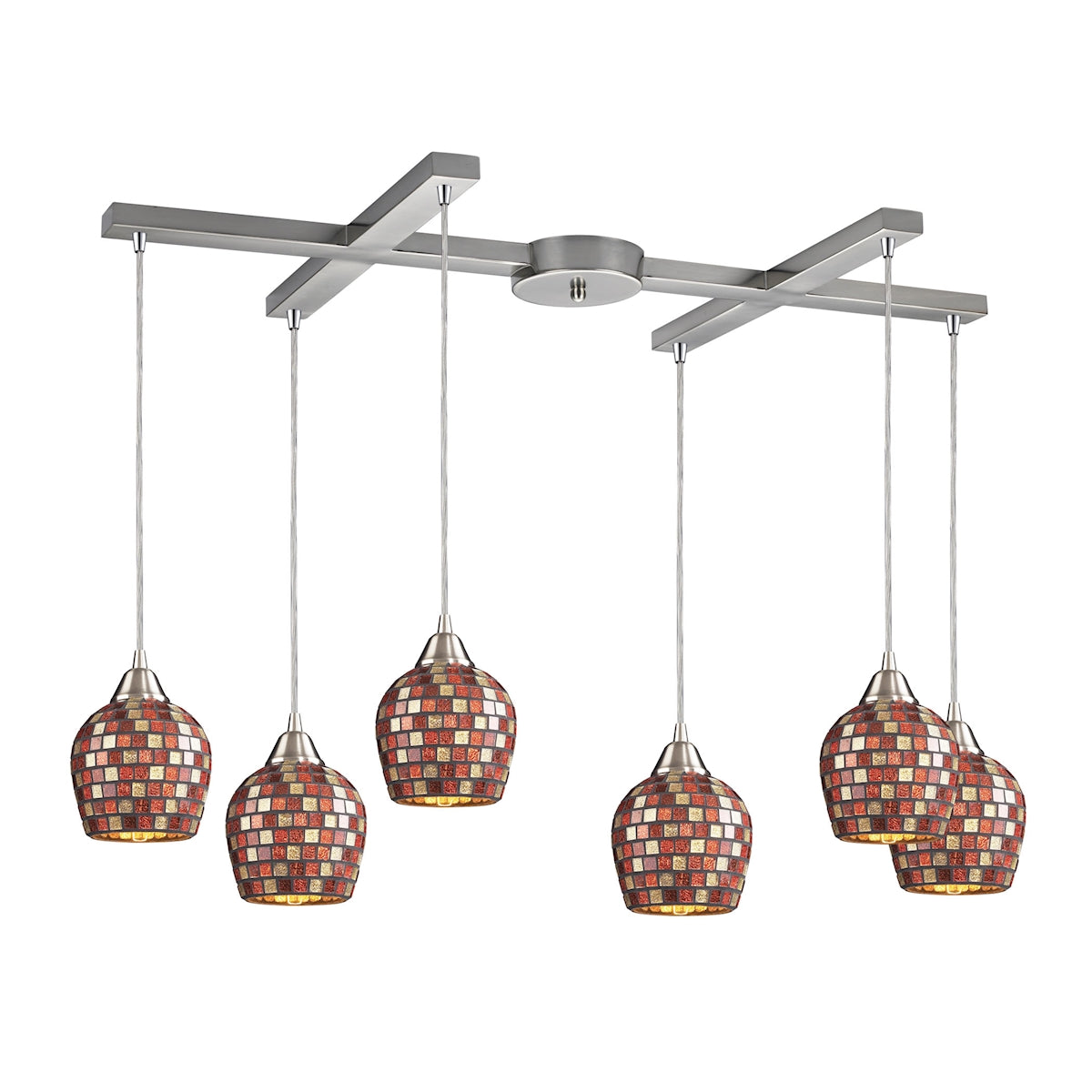 ELK Lighting 528-6MLT Fusion 6-Light H-Bar Pendant Fixture in Satin Nickel with Multi-colored Mosaic Glass
