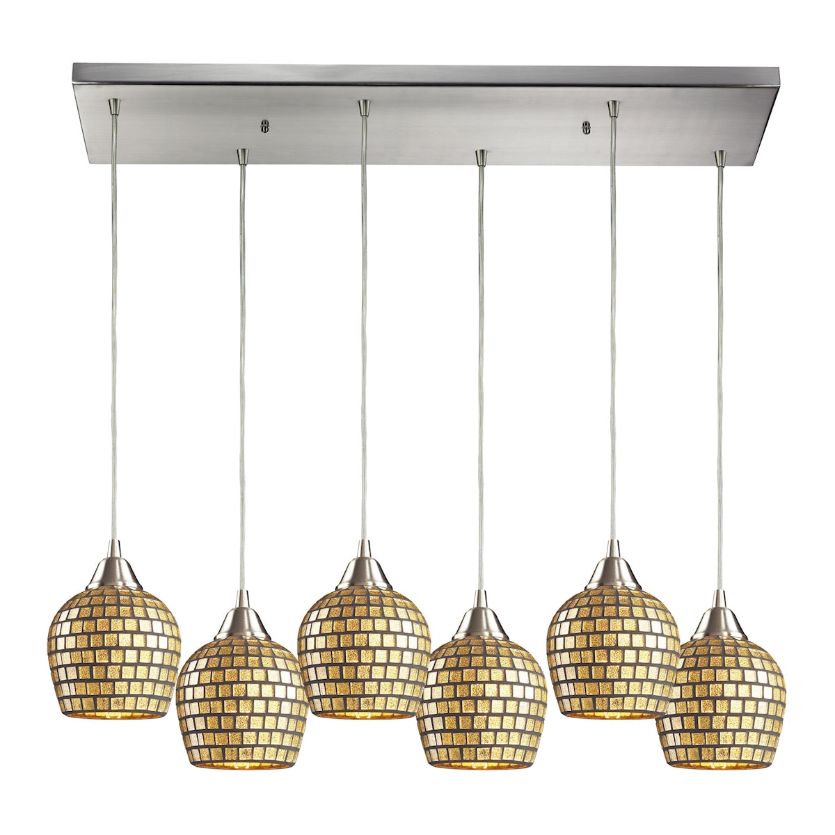 ELK Lighting 528-6RC-GLD Fusion 6-Light Rectangular Pendant Fixture in Satin Nickel with Gold Leaf Mosaic Glass