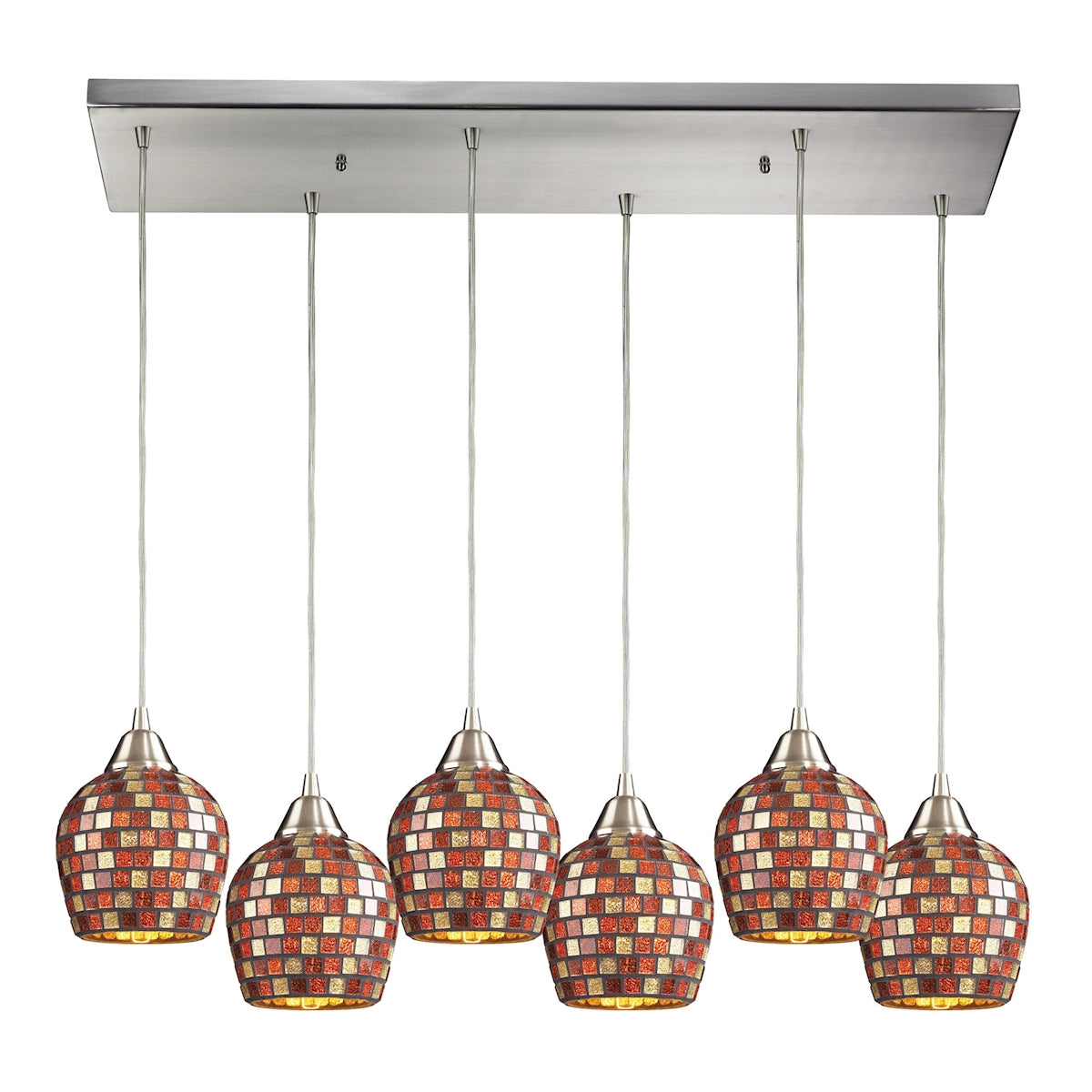 ELK Lighting 528-6RC-MLT Fusion 6-Light Rectangular Pendant Fixture in Satin Nickel with Multi-colored Mosaic Glass