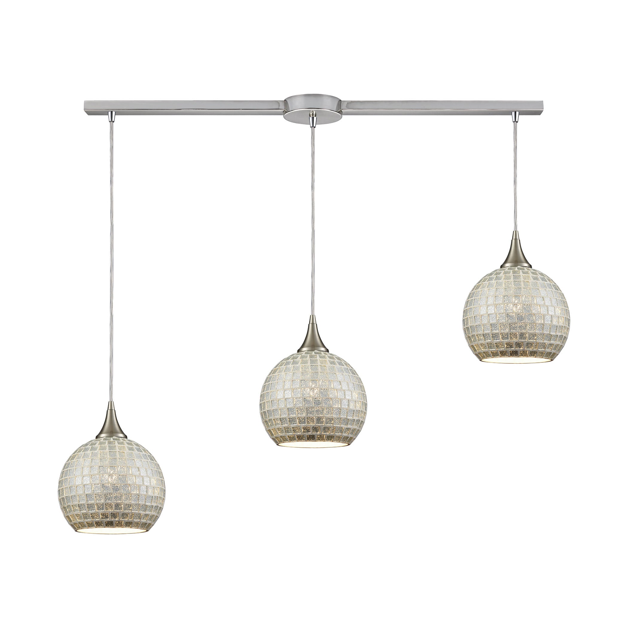 ELK Lighting 529-3L-SLV Fusion 3-Light Linear Mini Pendant Fixture in Satin Nickel with Silver Mosaic Glass