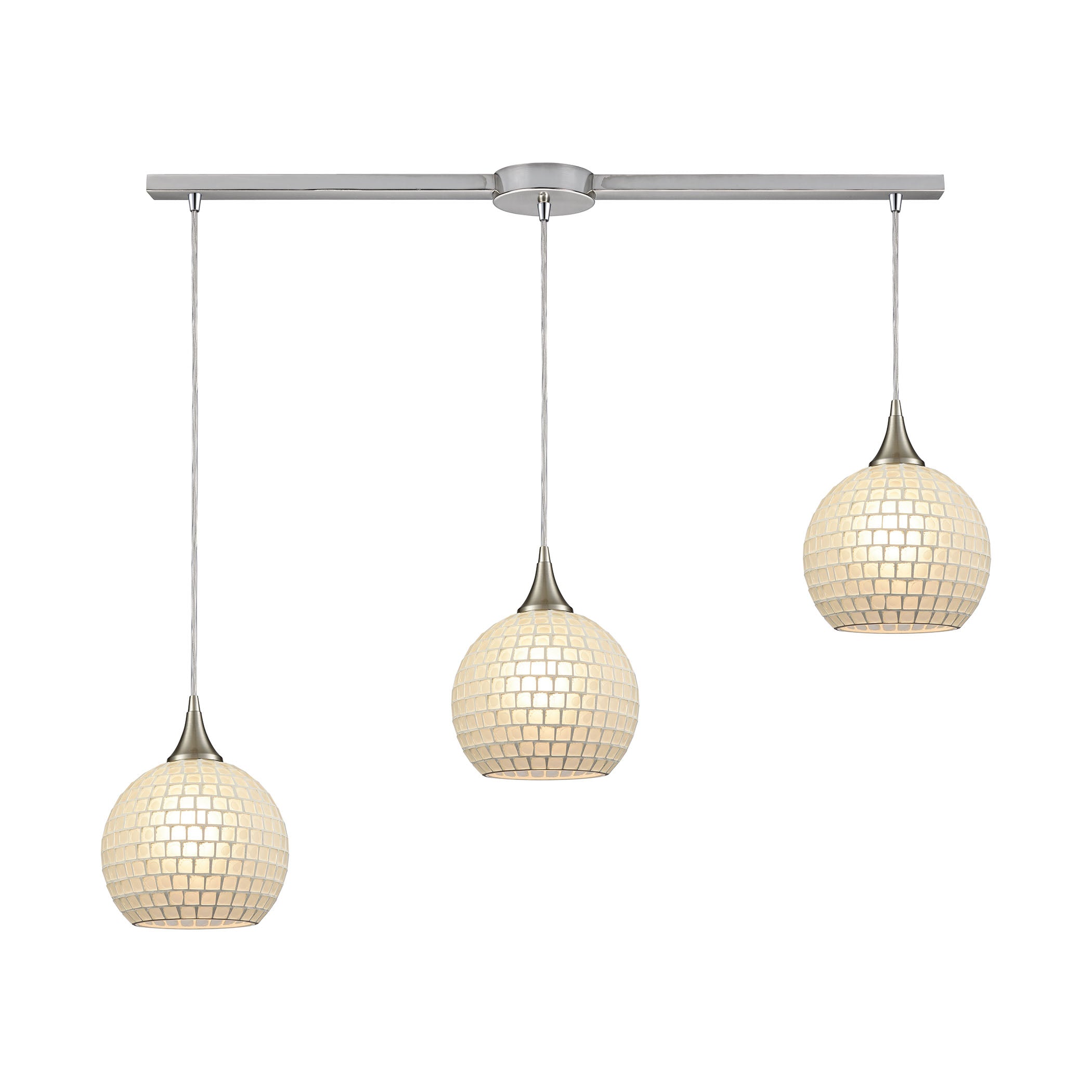 ELK Lighting 529-3L-WHT Fusion 3-Light Linear Mini Pendant Fixture in Satin Nickel with White Mosaic Glass
