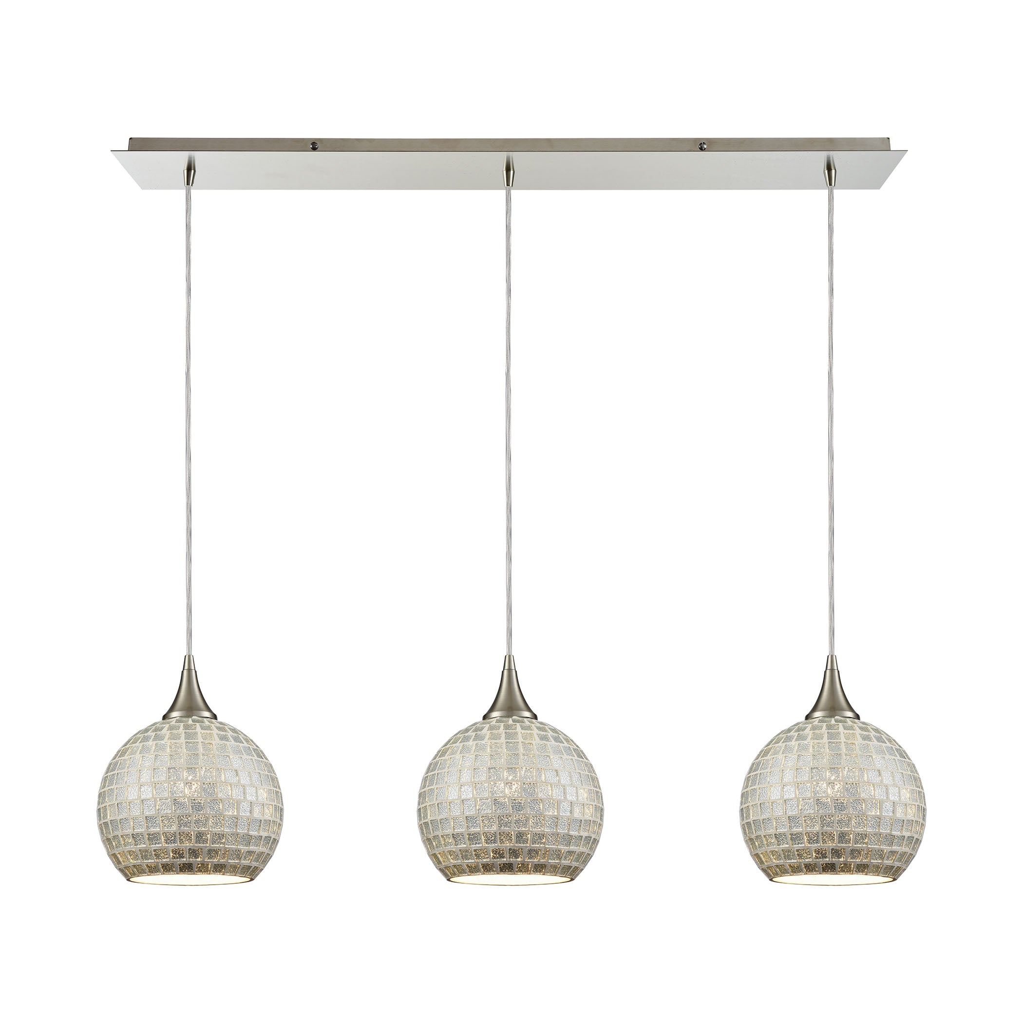 ELK Lighting 529-3LP-SLV Fusion 3-Light Linear Mini Pendant Fixture in Satin Nickel with Silver Mosaic Glass