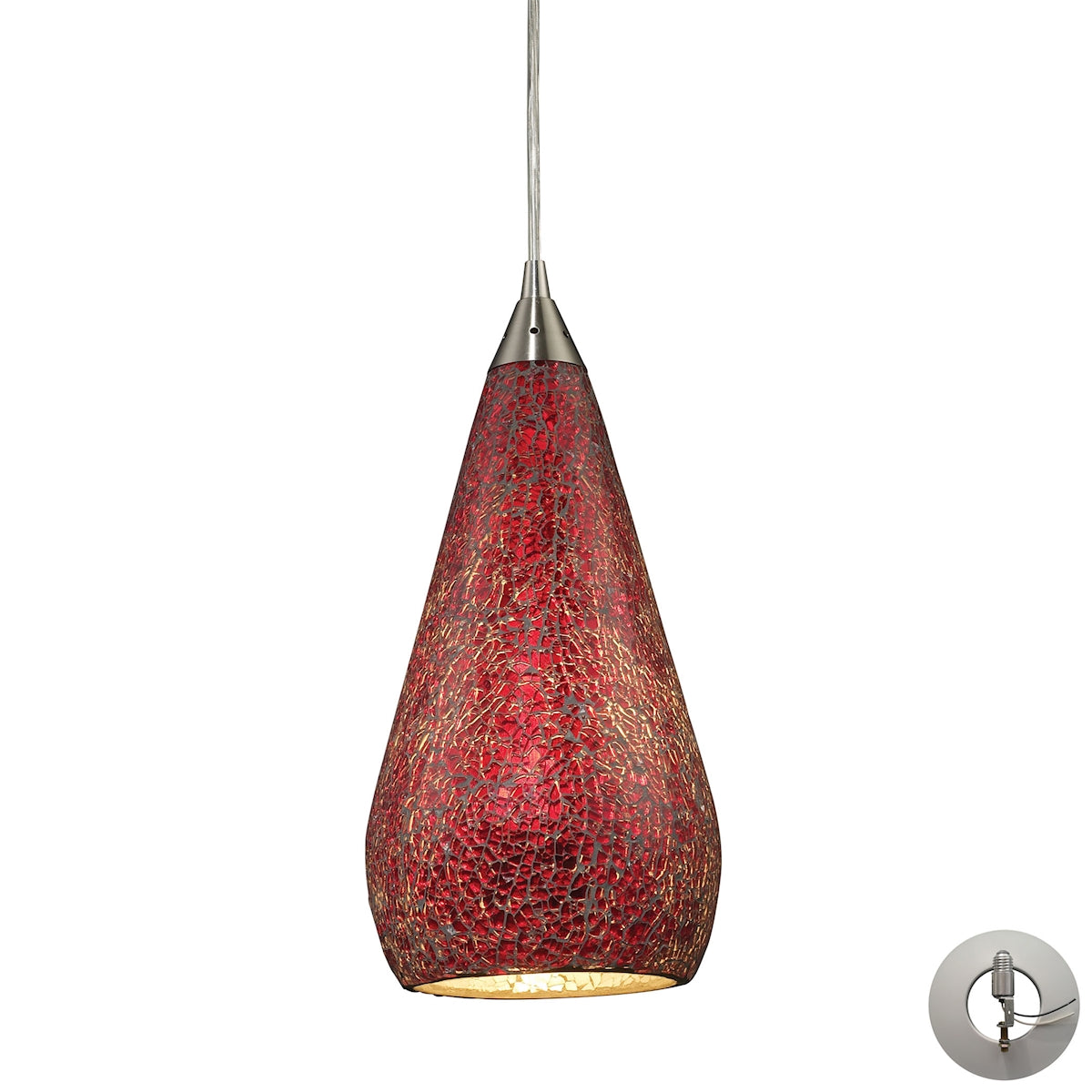 ELK Lighting 546-1RBY-CRC-LA Curvalo 1-Light Mini Pendant in Satin Nickel with Ruby Crackle Glass - Includes Adapter Kit