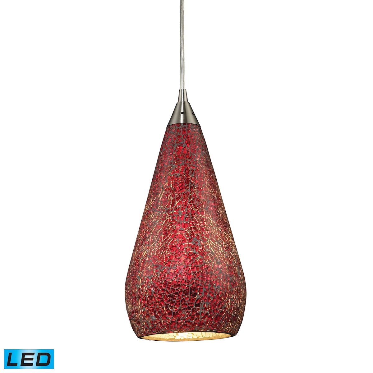 ELK Lighting 546-1RBY-CRC-LED Curvalo 1-Light Mini Pendant in Satin Nickel with Ruby Crackle Glass - Includes LED Bulb
