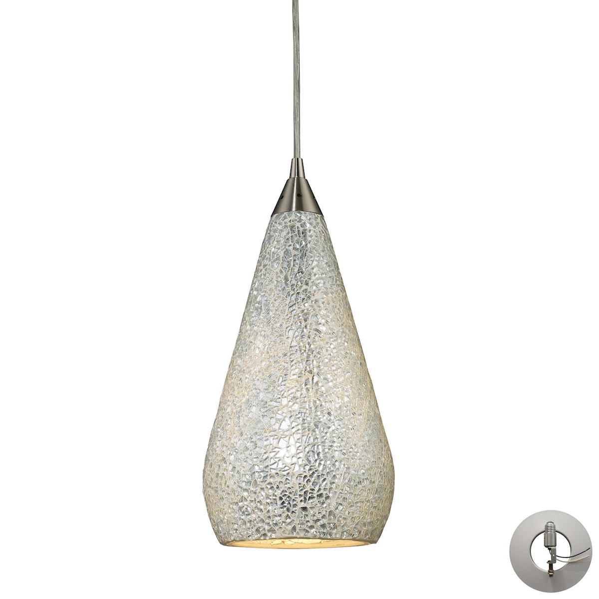 ELK Lighting 546-1SLV-CRC-LA Curvalo 1-Light Mini Pendant in Satin Nickel with Silver Crackle Glass - Includes Adapter Kit