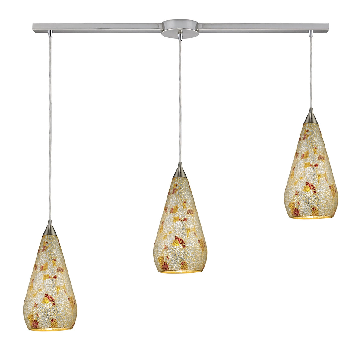 ELK Lighting 546-3L-SLVM-CRC Curvalo 3-Light Linear Pendant Fixture in Satin Nickel with Silver Multi Crackle Glass