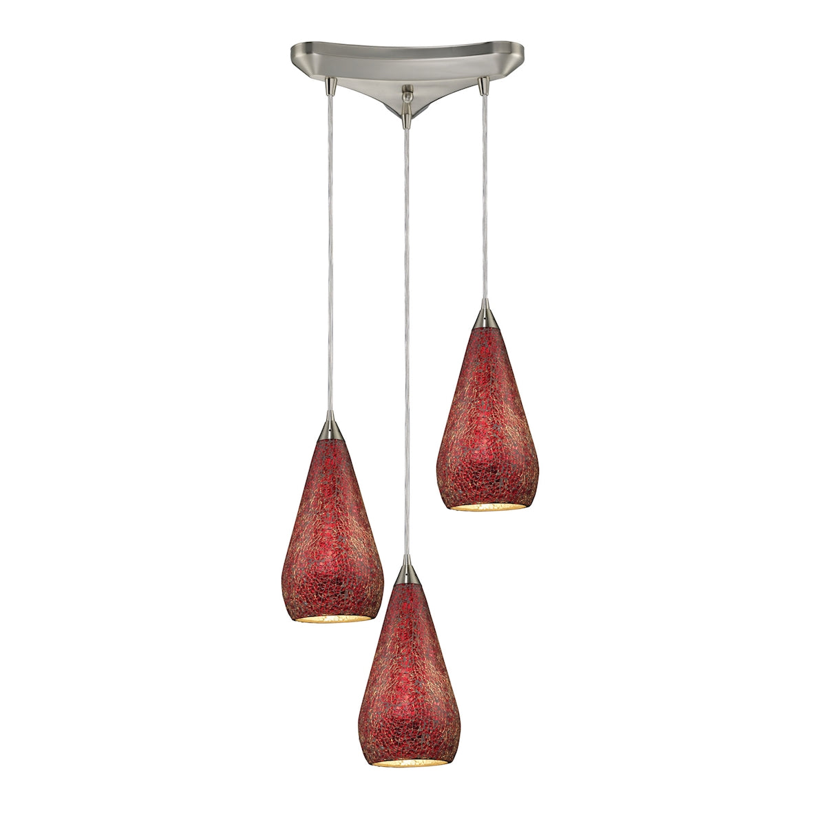 ELK Lighting 546-3RBY-CRC Curvalo 3-Light Triangular Pendant Fixture in Satin Nickel with Ruby Crackle Glass