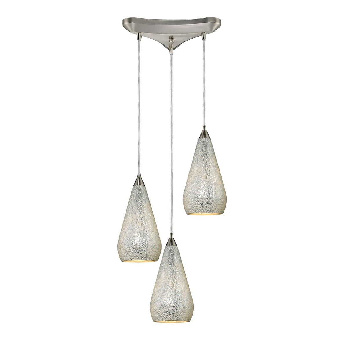 ELK Lighting 546-3SLV-CRC Curvalo 3-Light Triangular Pendant Fixture in Satin Nickel with Silver Crackle Glass