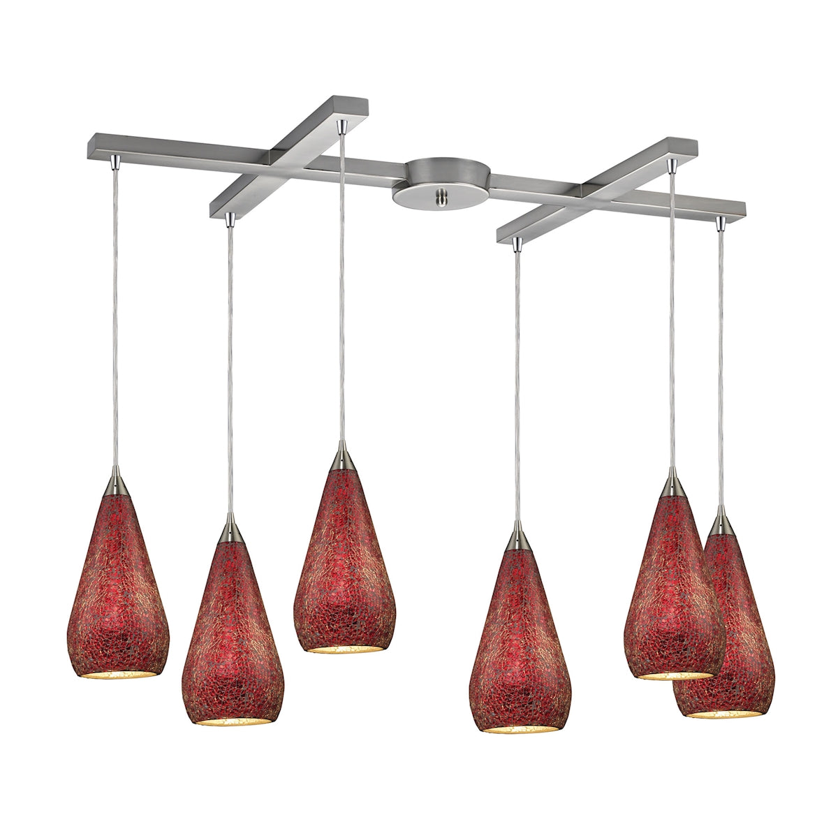 ELK Lighting 546-6RBY-CRC Curvalo 6-Light H-Bar Pendant Fixture in Satin Nickel with Ruby Crackle Glass