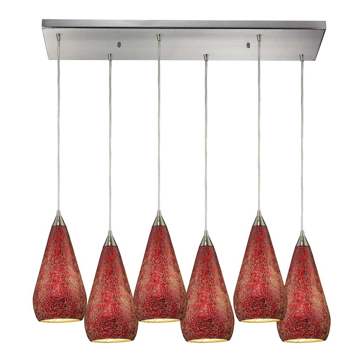 ELK Lighting 546-6RC-RBY-CRC Curvalo 6-Light Rectangular Pendant Fixture in Satin Nickel with Ruby Crackle Glass