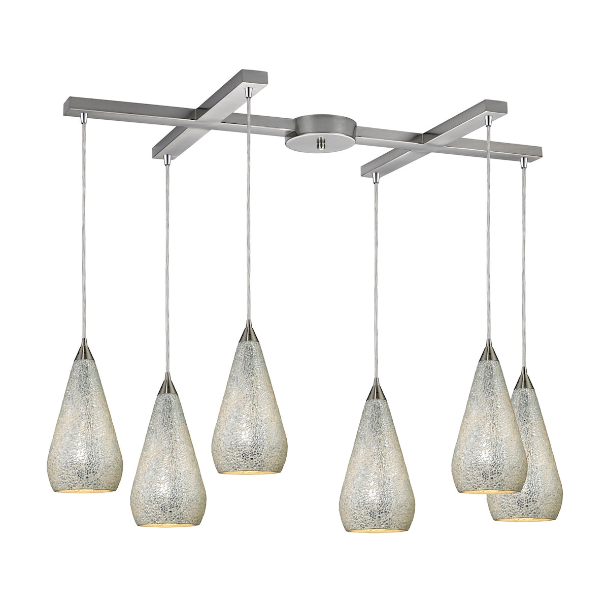 ELK Lighting 546-6SLV-CRC Curvalo 6-Light H-Bar Pendant Fixture in Satin Nickel with Silver Crackle Glass