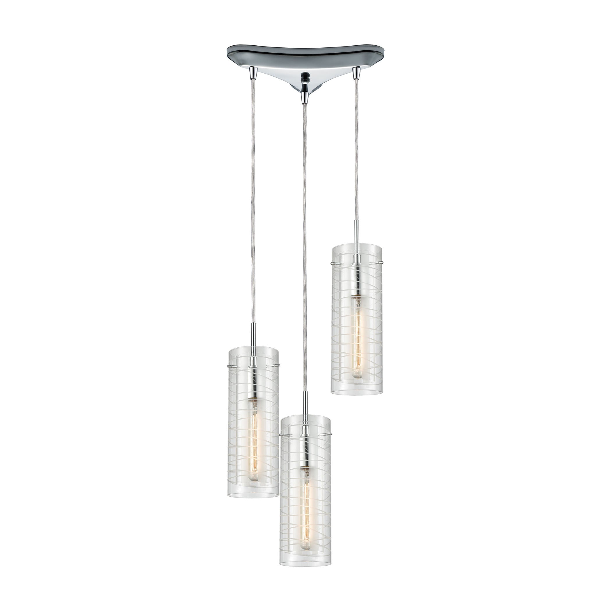 ELK Lighting 56595/3 Swirl 3-Light Triangular Pendant Fixture in Polished Chrome with Clear Etched Glass
