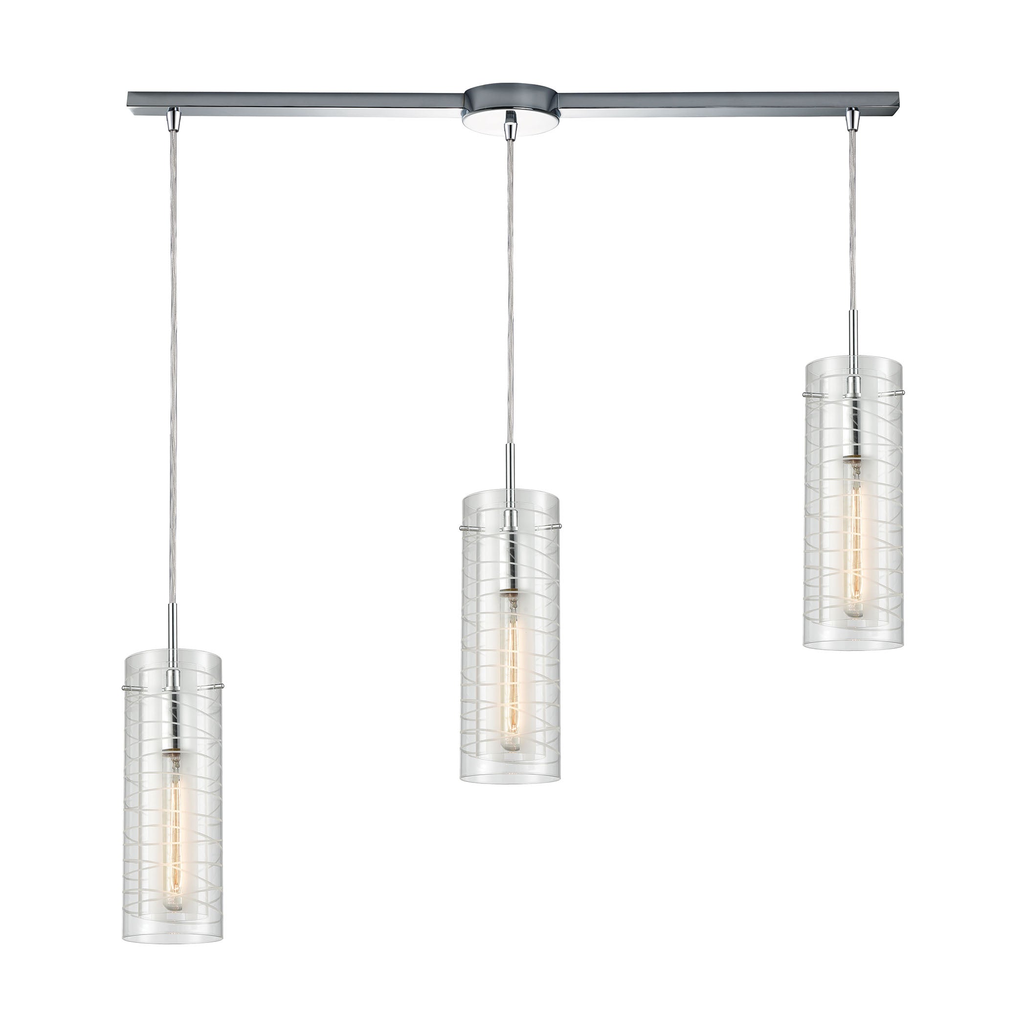 ELK Lighting 56595/3L Swirl 3-Light Linear Mini Pendant Fixture in Polished Chrome with Clear Etched Glass