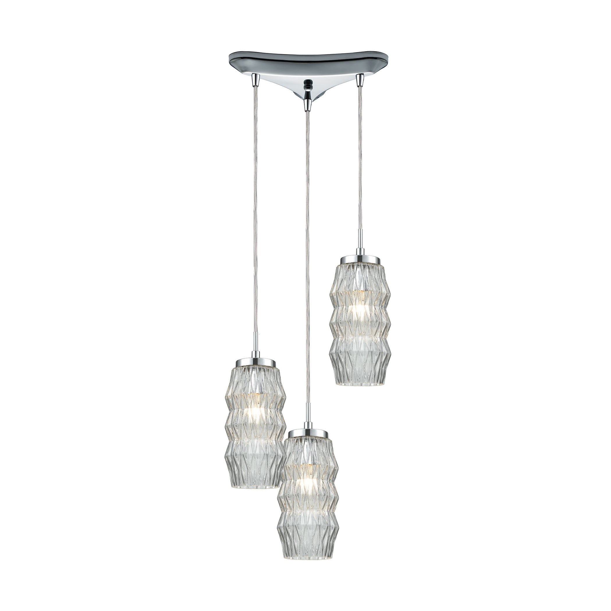 ELK Lighting 56650/3 Zigzag 3-Light Triangular Pendant Fixture in Polished Chrome with Clear Patterned Glass