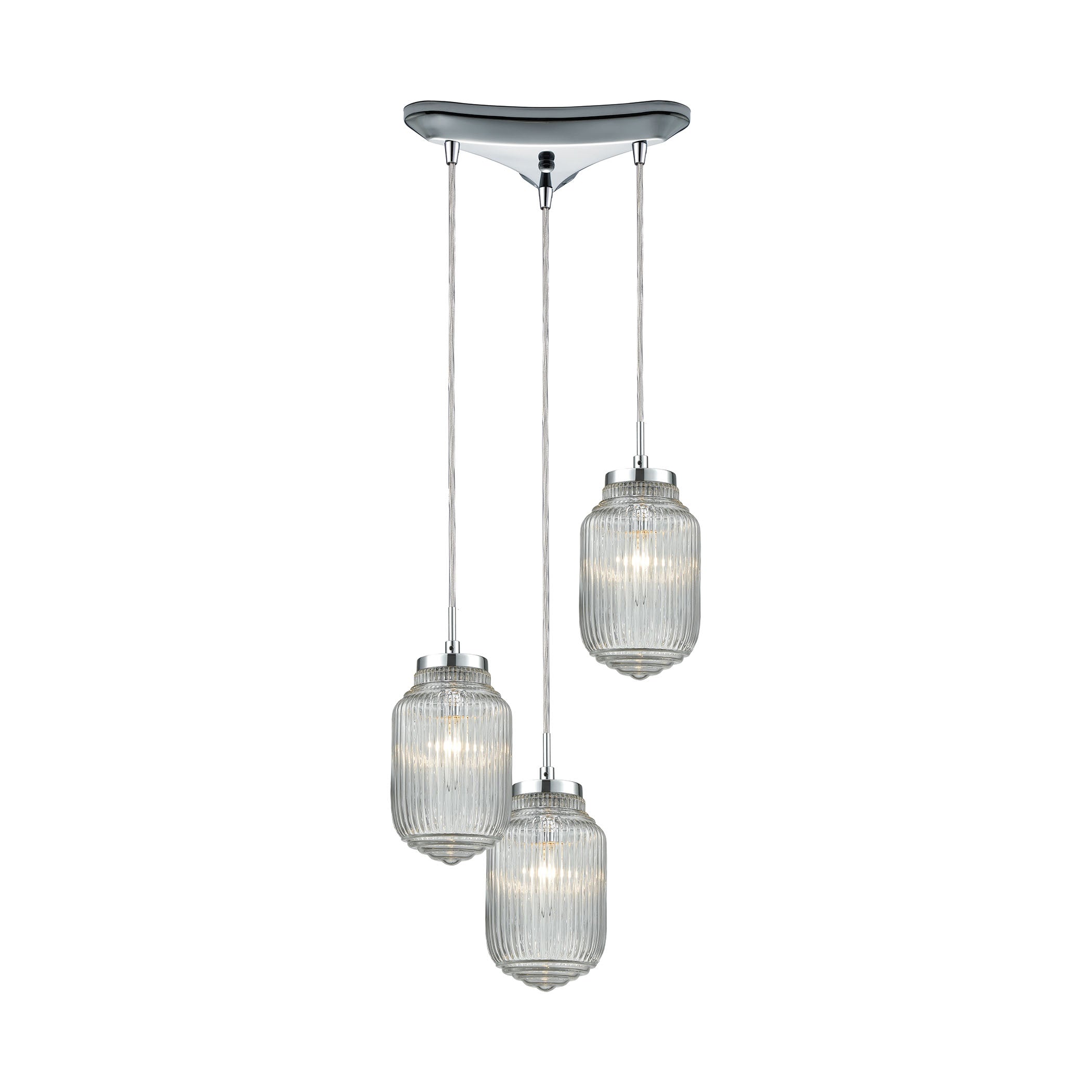 ELK Lighting 56662/3 Dubois 3-Light Triangular Pendant Fixture in Polished Chrome with Clear Ribbed Glass