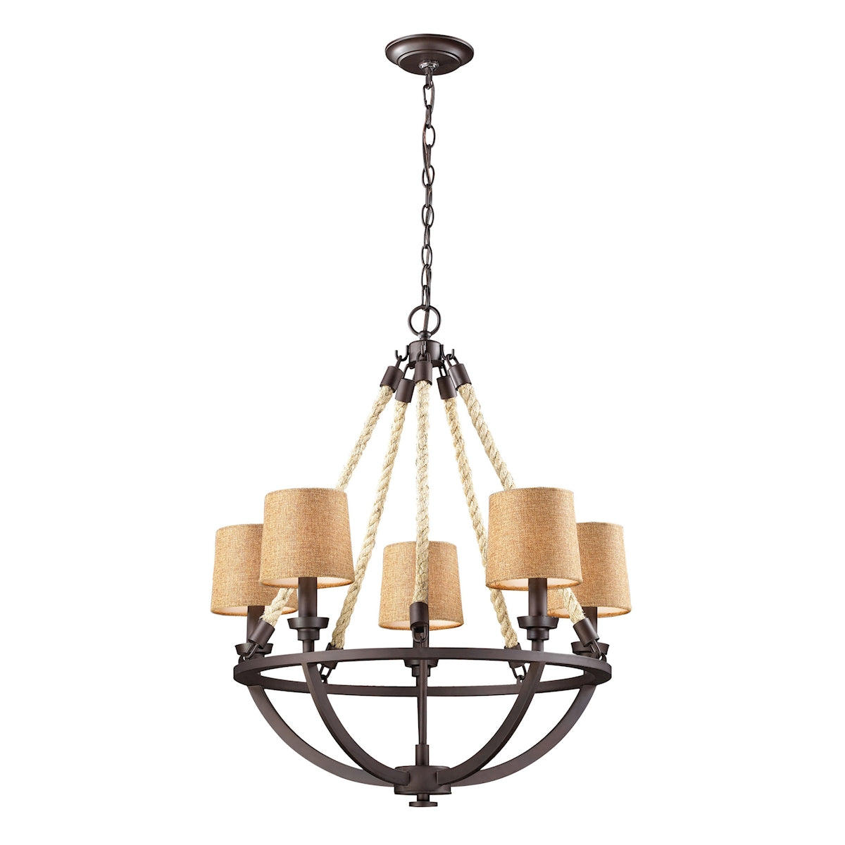 ELK Lighting 63015-5 Natural Rope 5-Light Chandelier in Aged Bronze with Tan Linen Shades