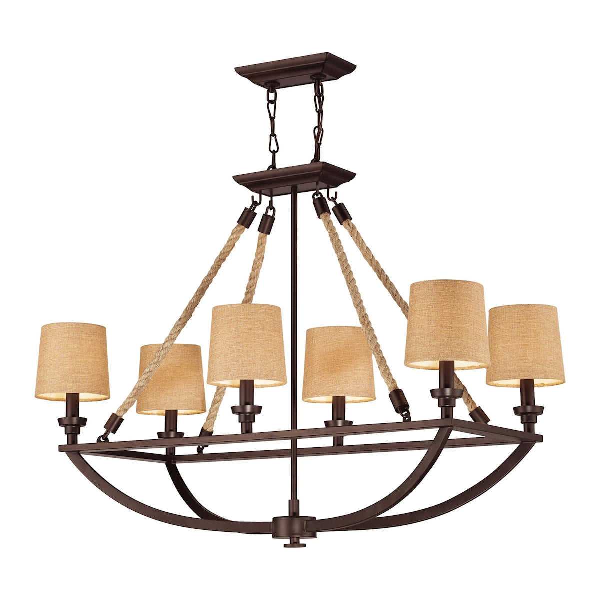 ELK Lighting 63019-6 Natural Rope 6-Light Linear Chandelier in Aged Bronze with Tan Linen Shades