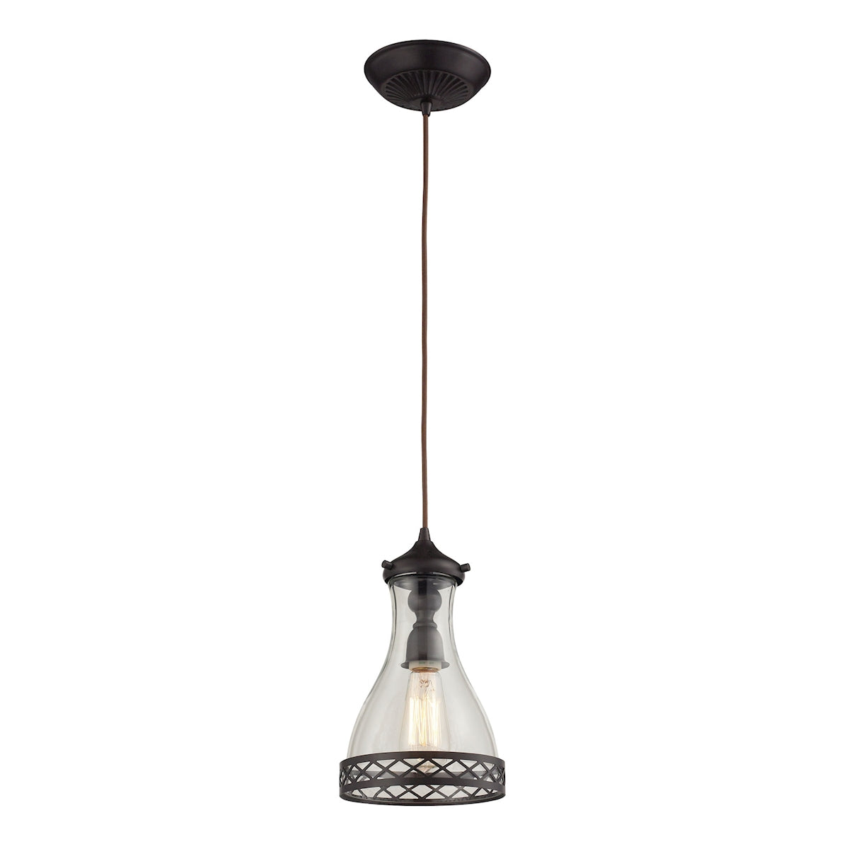ELK Lighting 63034-1 Brookline 1-Light Mini Pendant in Oiled Bronze with Metal and Glass Shade