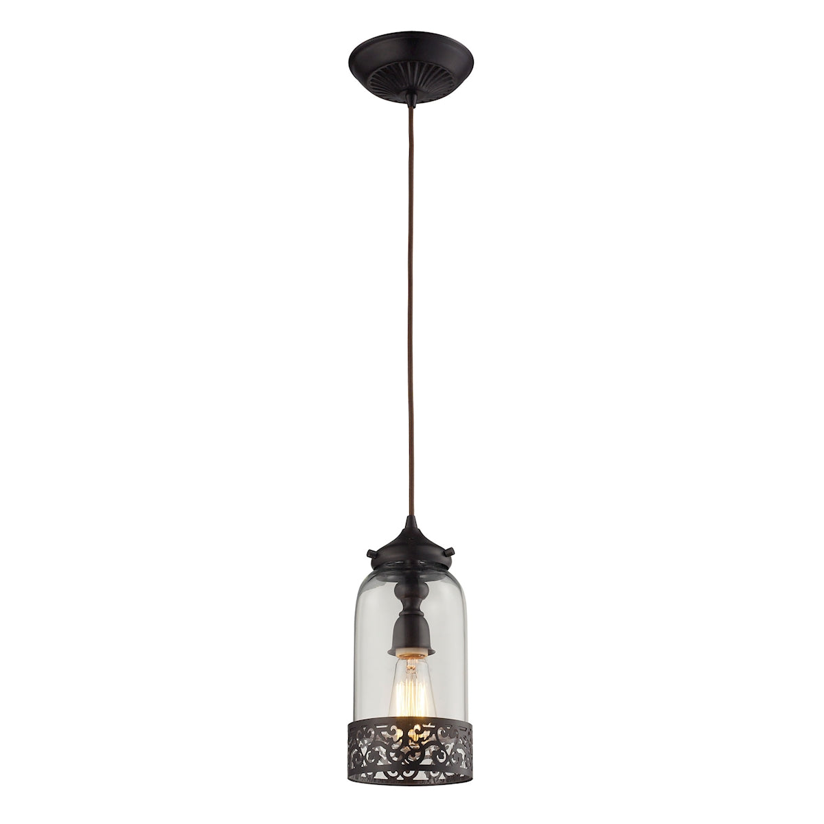 ELK Lighting 63035-1 Brookline 1-Light Mini Pendant in Oiled Bronze with Metal and Glass Shade