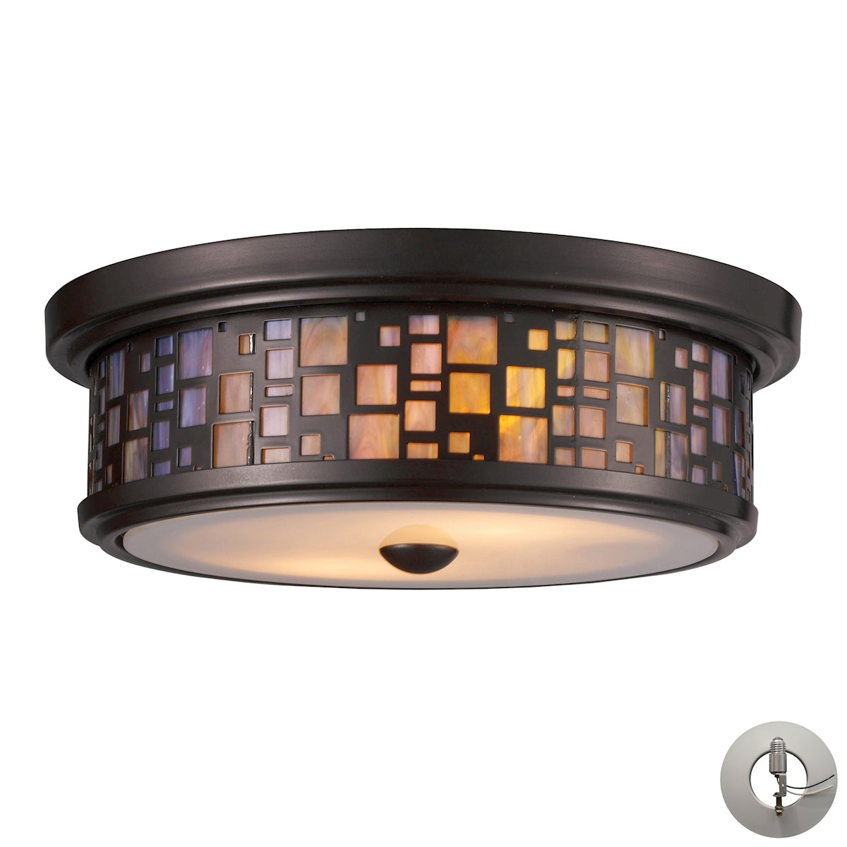 ELK Lighting 70027-2-LA Tiffany 2-Light Flush Mount in Oiled Bronze with Mosaic Tea-stained Glass - Includes Adapter Kit