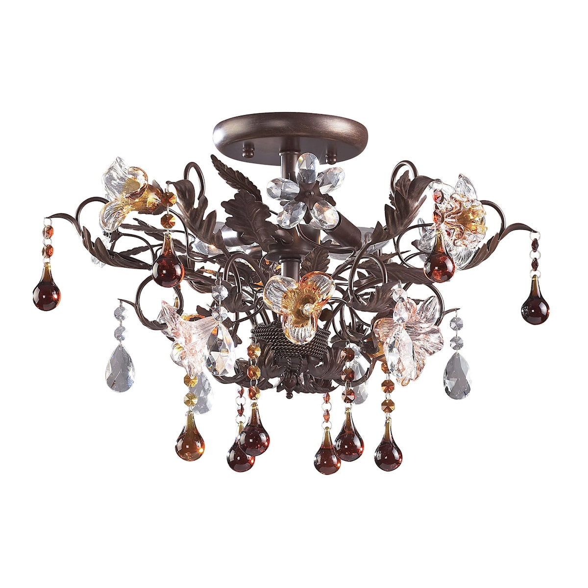 ELK Lighting 7044/3 Cristallo Fiore 3-Light Semi Flush in Deep Rust with Clear and Amber Florets
