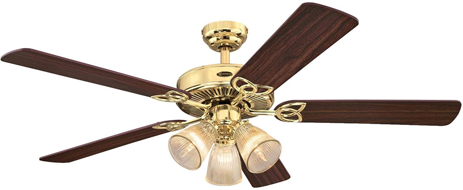 Westinghouse 7233800 Vintage 52-Inch Indoor Ceiling Fan with Dimmable LED Light FixturePolished Brass Finish with Reversible Walnut/Oak Blades, Clear Ribbed Glass
