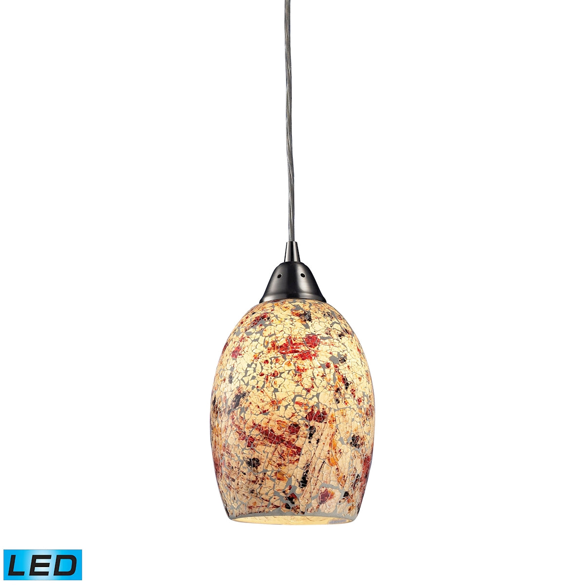ELK Lighting 73011-1-LED Avalon 1-Light Mini Pendant in Satin Nickel with Multi-colored Crackle Glass - Includes LED Bulb