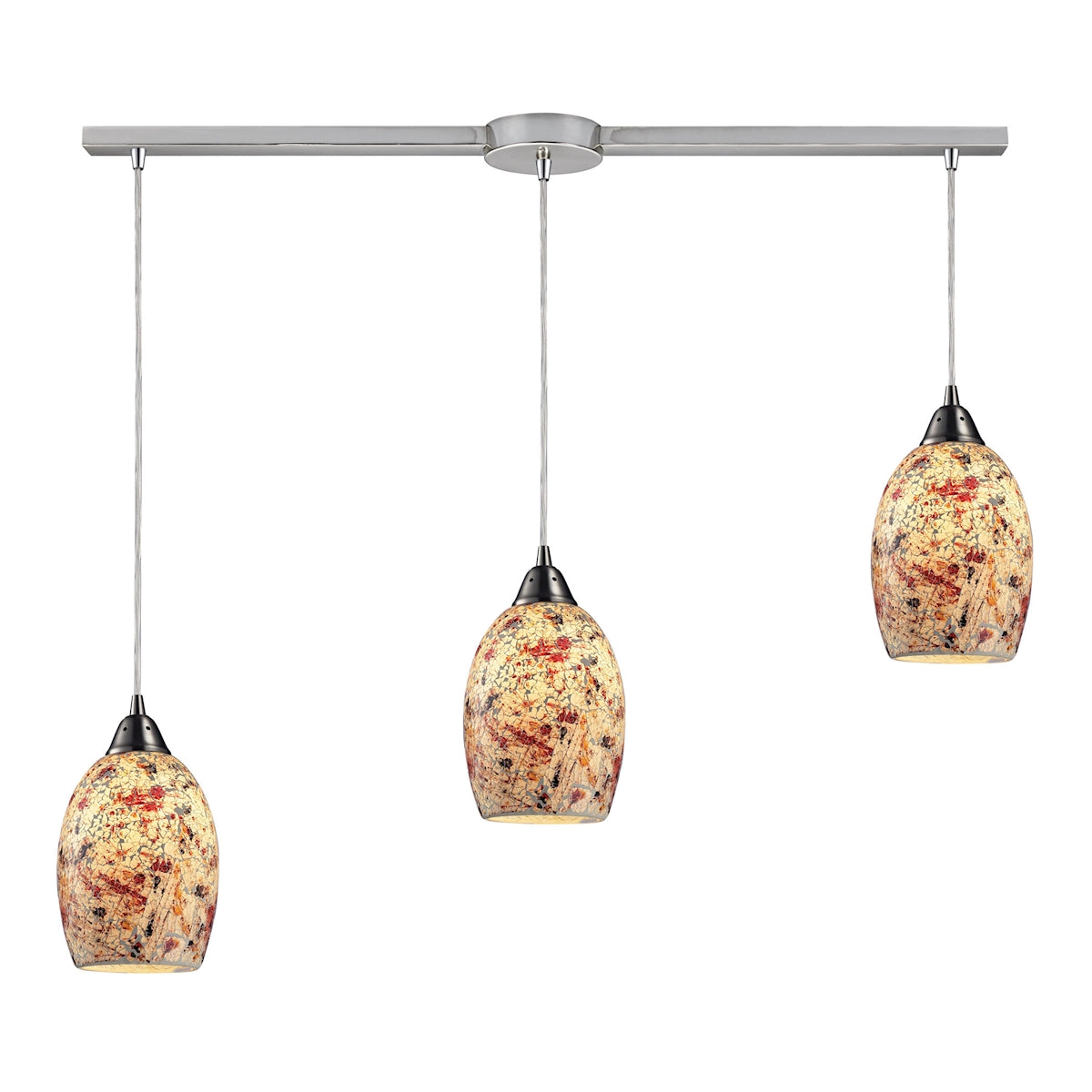 ELK Lighting 73011-3L Avalon 3-Light Linear Pendant Fixture in Satin Nickel with Multi-colored Crackle Glass